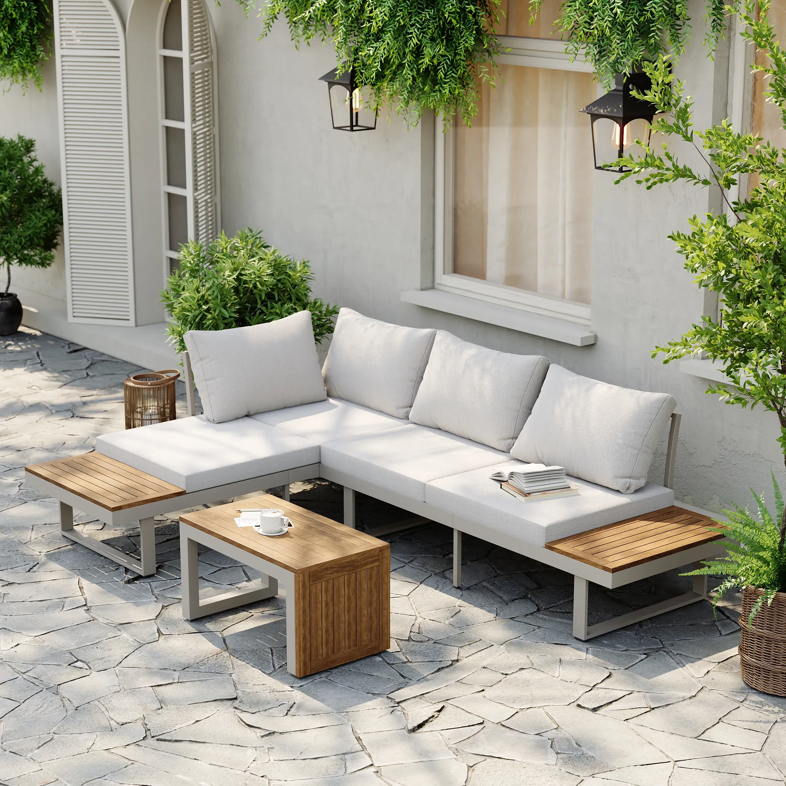 4-Seater Modular Sectional Sofa Set with Table - Acacia