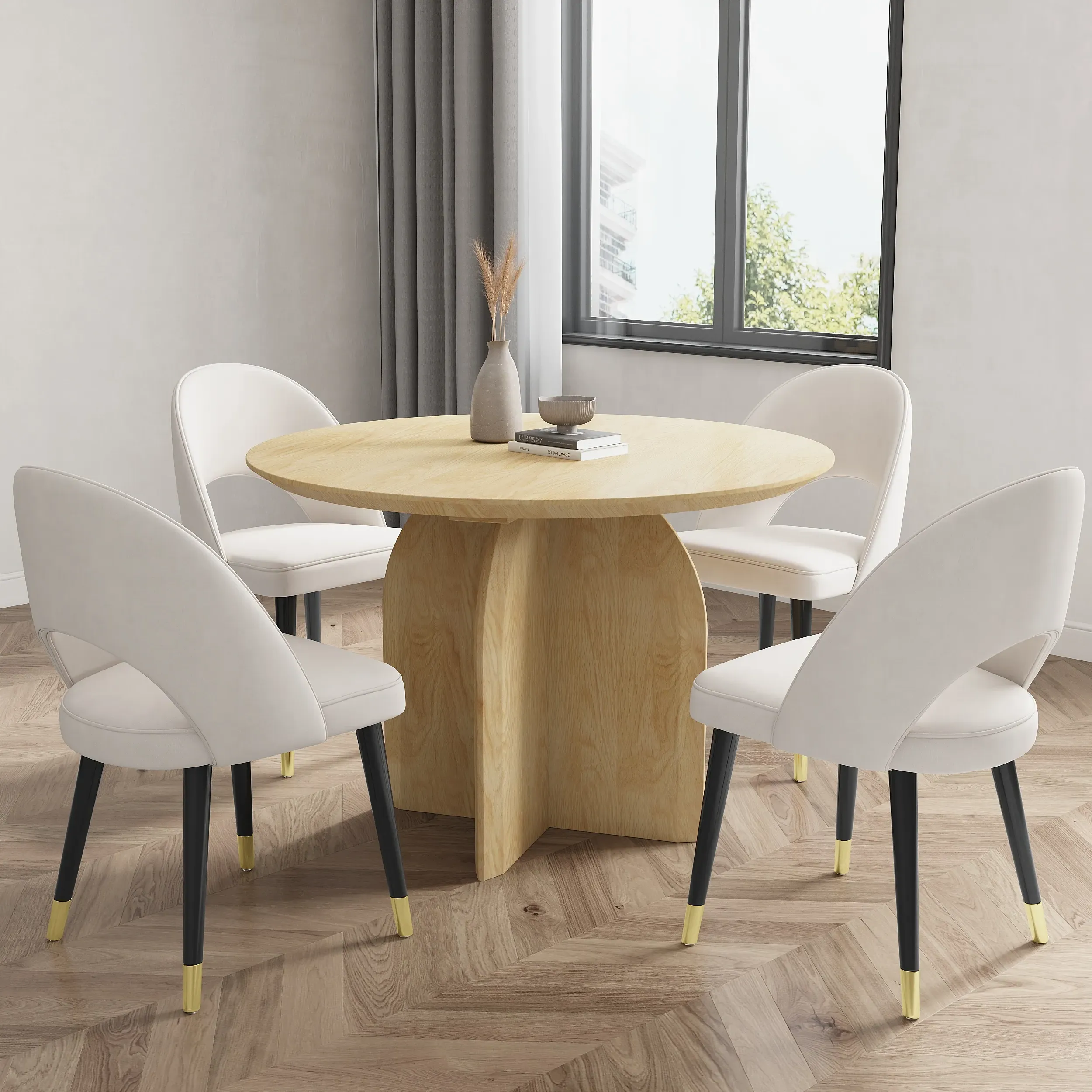 4-Seater Round Dining Table Set - Natural, Pine Wood image