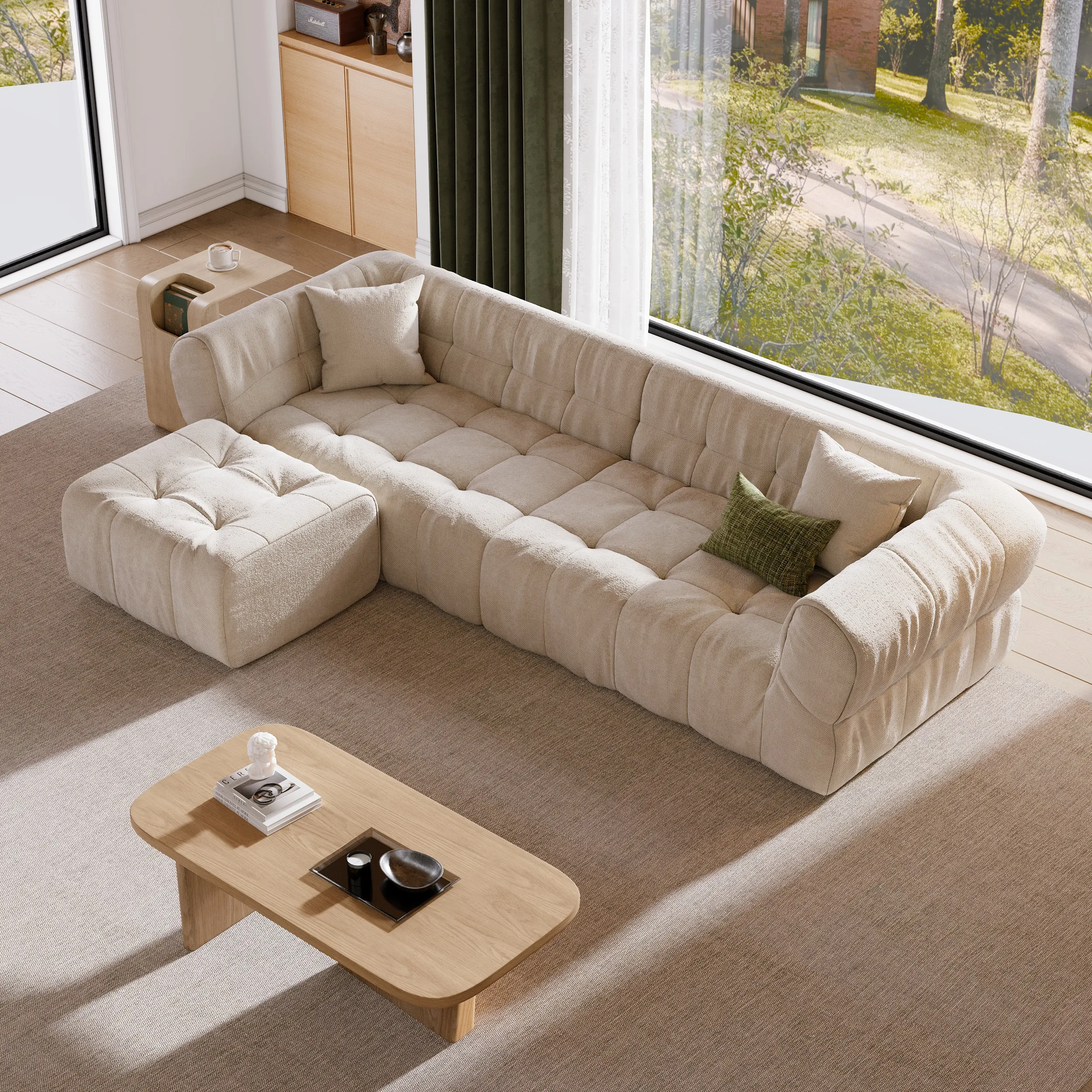 4-Seater Tufted Sofa with Ottoman - Beige, Cotton Linen