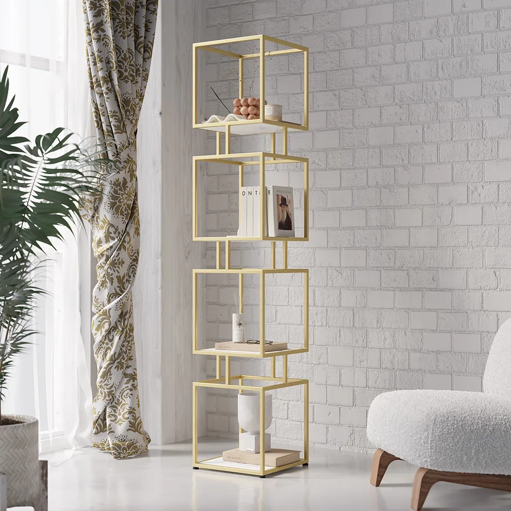 4-Tier Cube Bookcase with Metal Tower Display - Gold