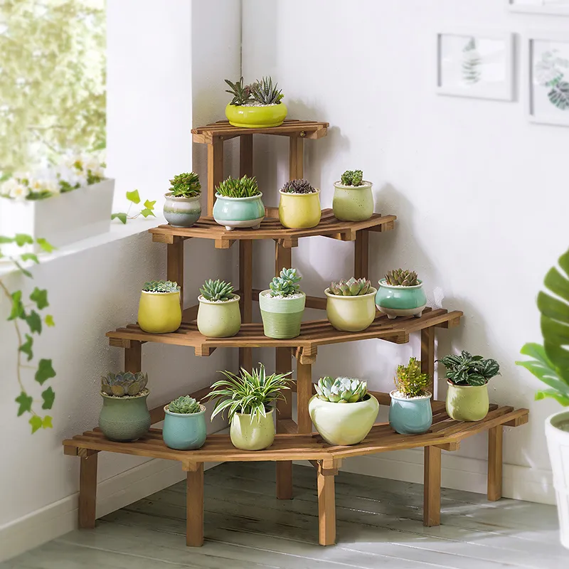 4 Tier Wood Plant Stand Display Shelf - Natural image