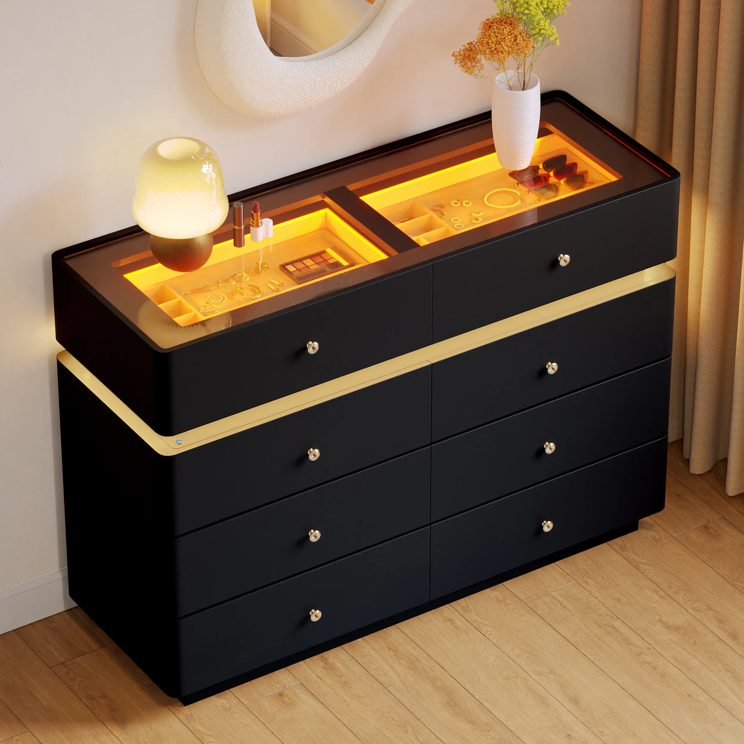 47" 8-Drawer Dresser with Light - Glass Top