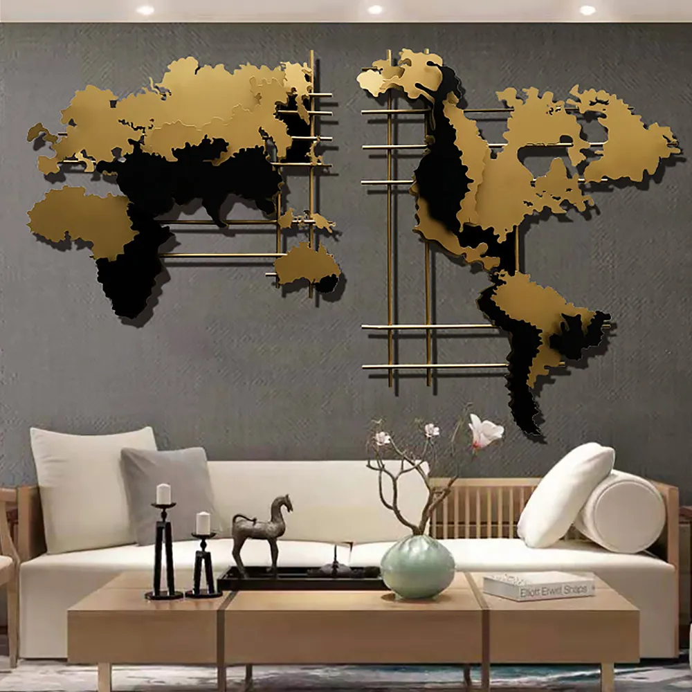 47.2" 3D World Map Wall Decor - Gold & Black, Metal