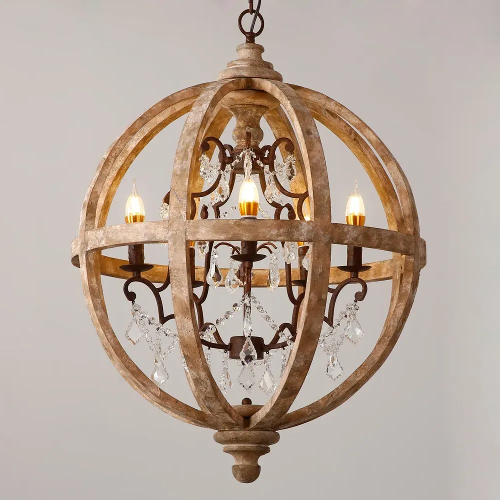 5-Light Globe Chandelier - Rust, Wood
