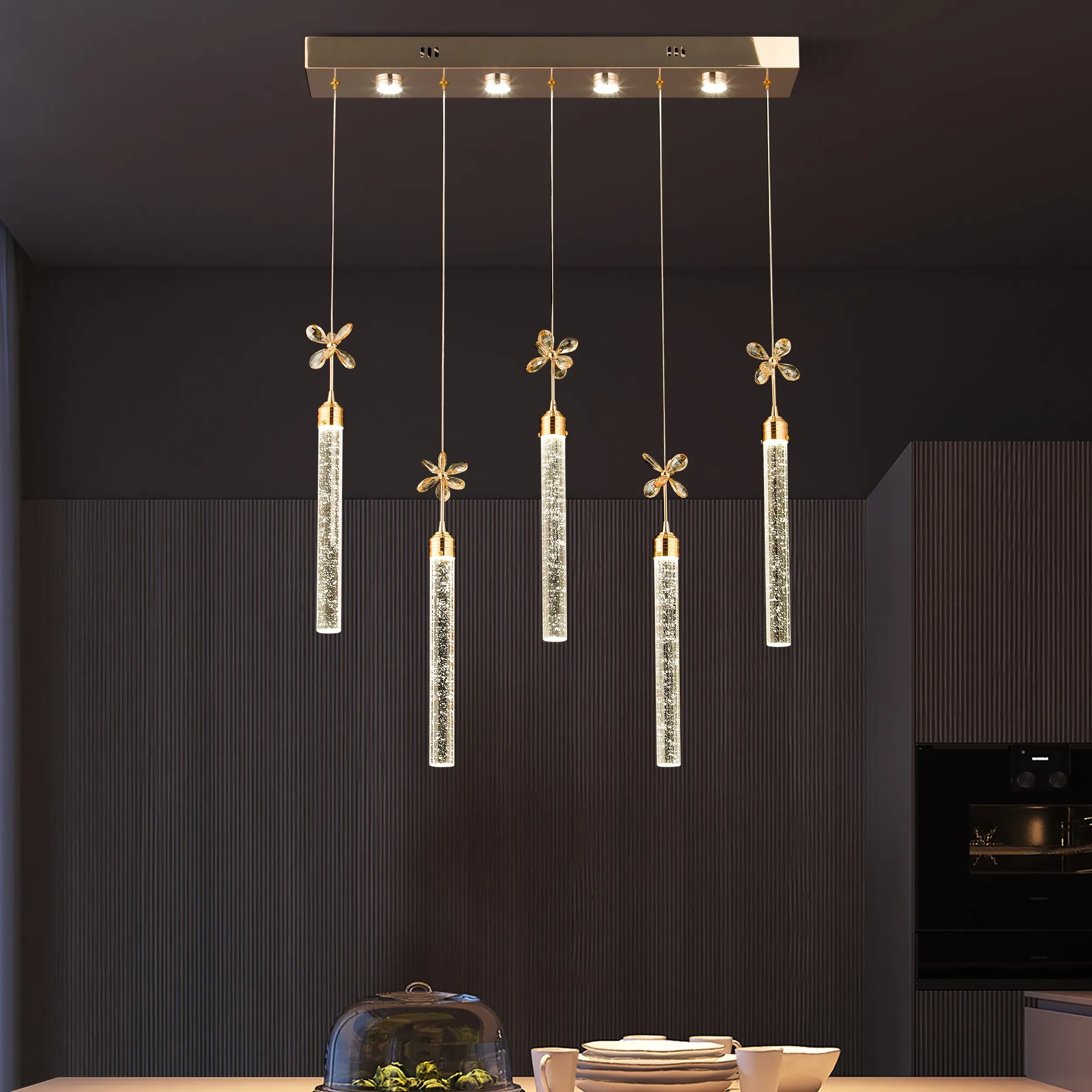 5-Light Pendant Chandelier with Ceiling Spotlights - Gold