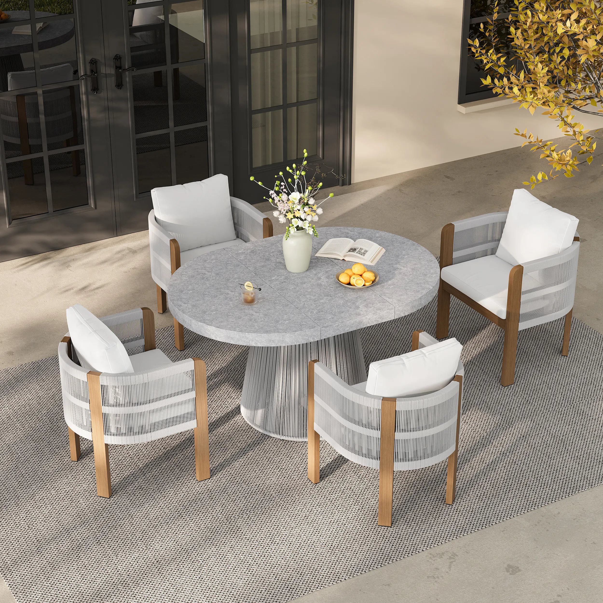 5 Piece Extendable Patio Dining Set with 4 Chairs - White image