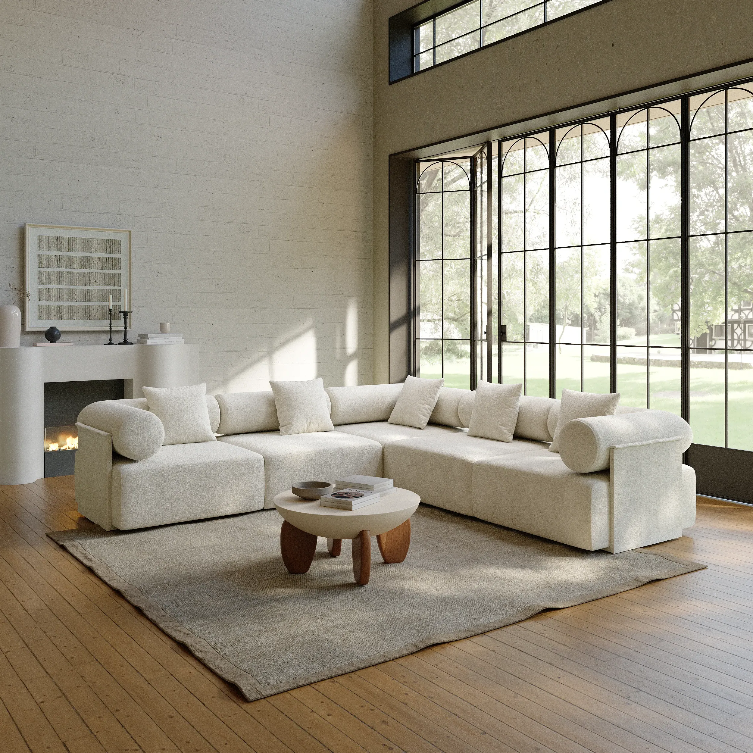5-Piece L-Shape Sectional Sofa & Round Coffee Table - White