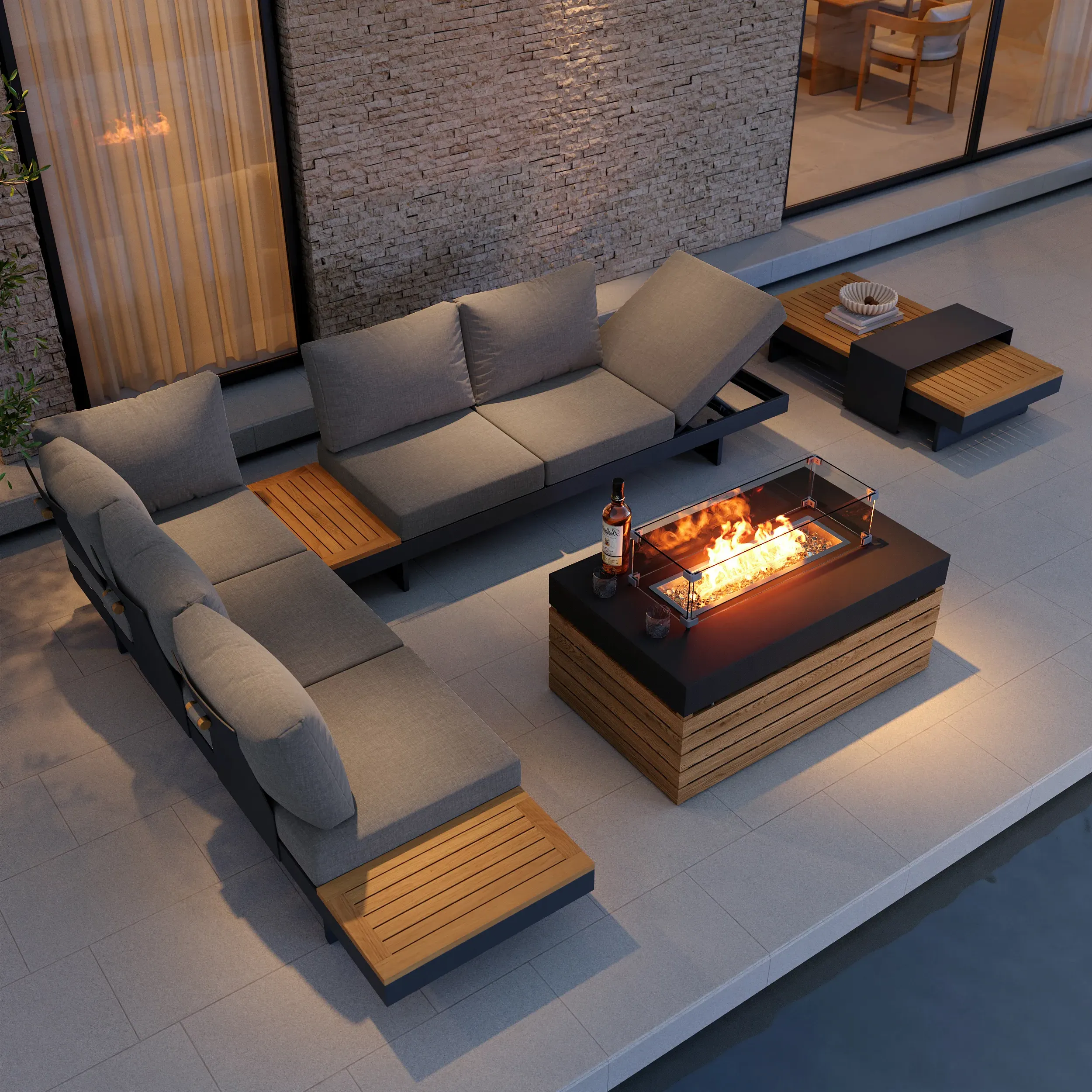 5-Piece L-Shaped Outdoor Sectional with Fire Pit - Gray, Teak