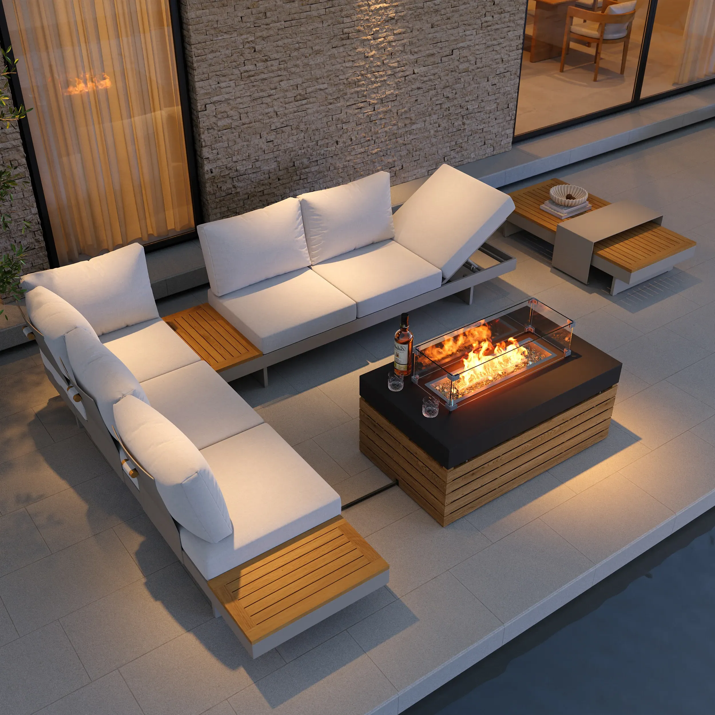 5-Piece L-Shaped Outdoor Sectional with Fire Pit - Khaki, Teak