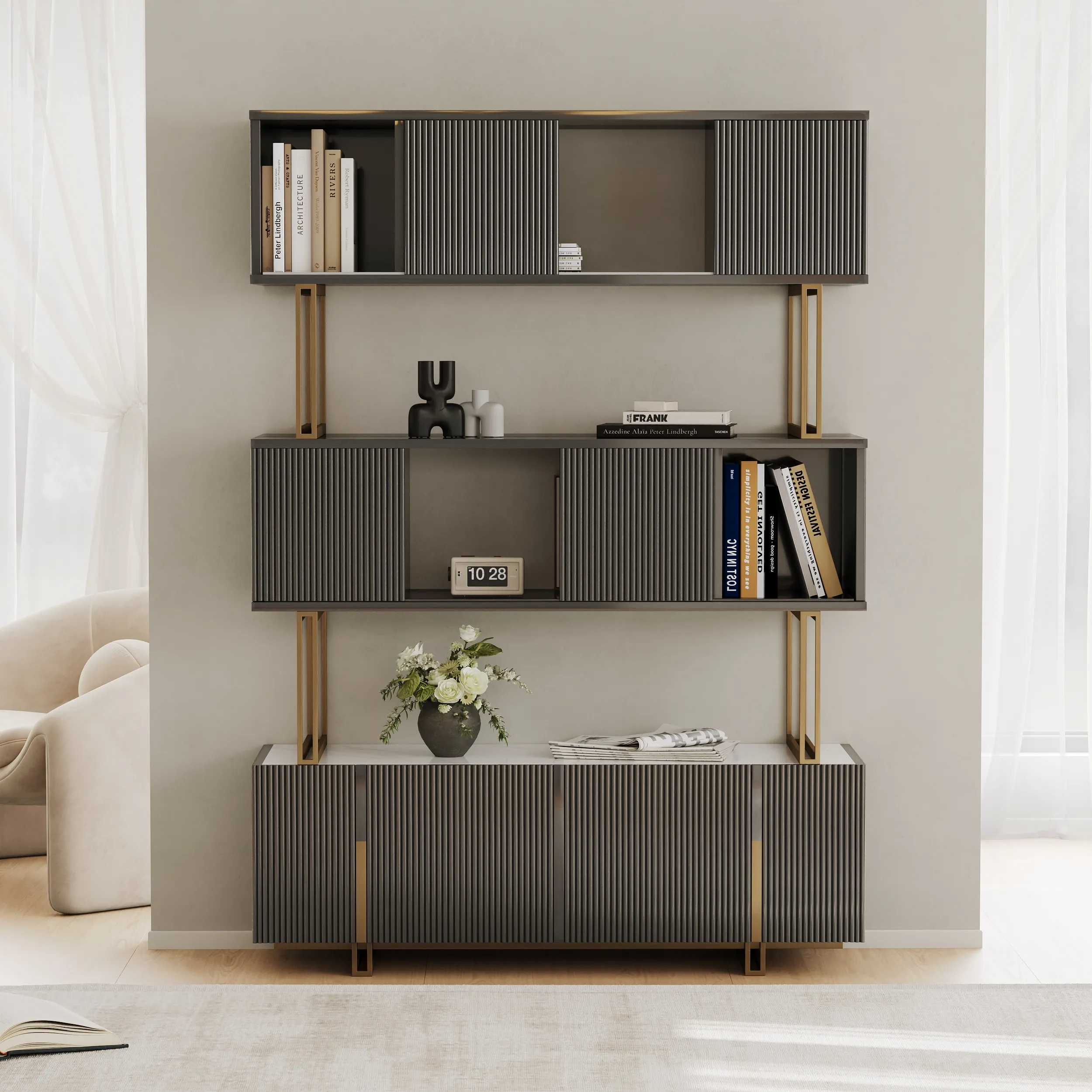 5-Shelf Tall Bookcase with Sliding Doors - Glossy Black