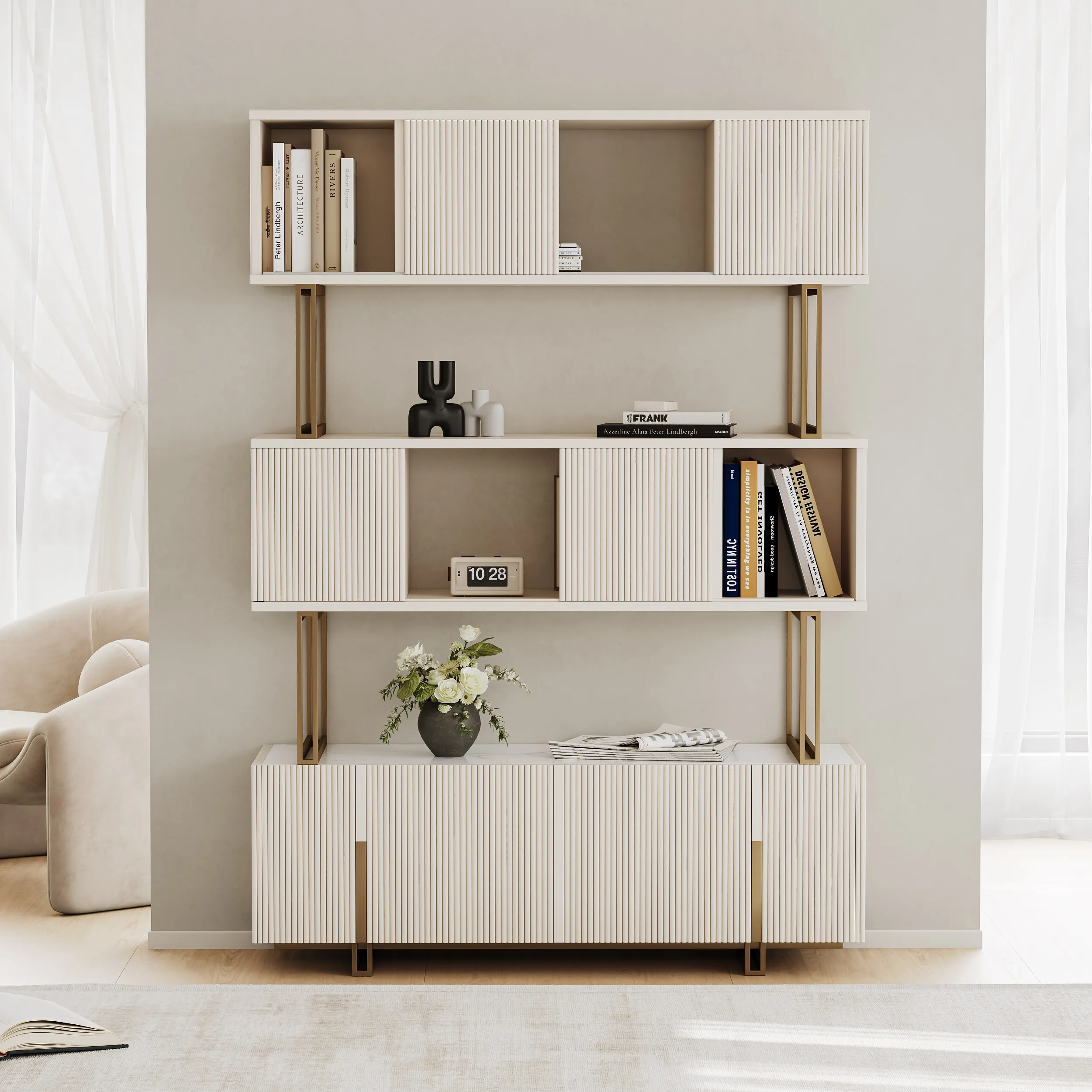 5-Shelf Tall Bookcase with Sliding Doors - Off-White