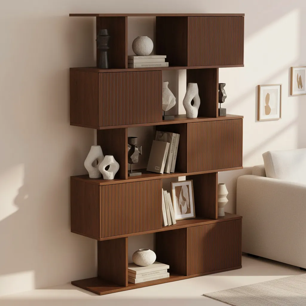 5-Shelf Tall Bookcase with Sliding Doors - Walnut