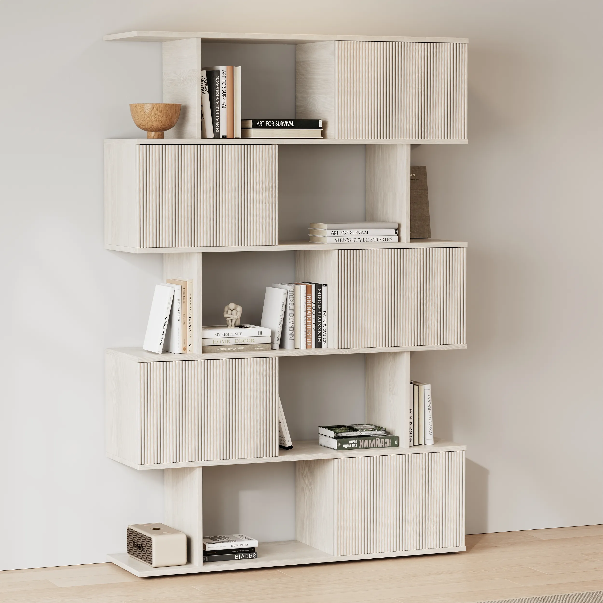 5-Shelf Tall Bookcase with Sliding Doors - Wash White
