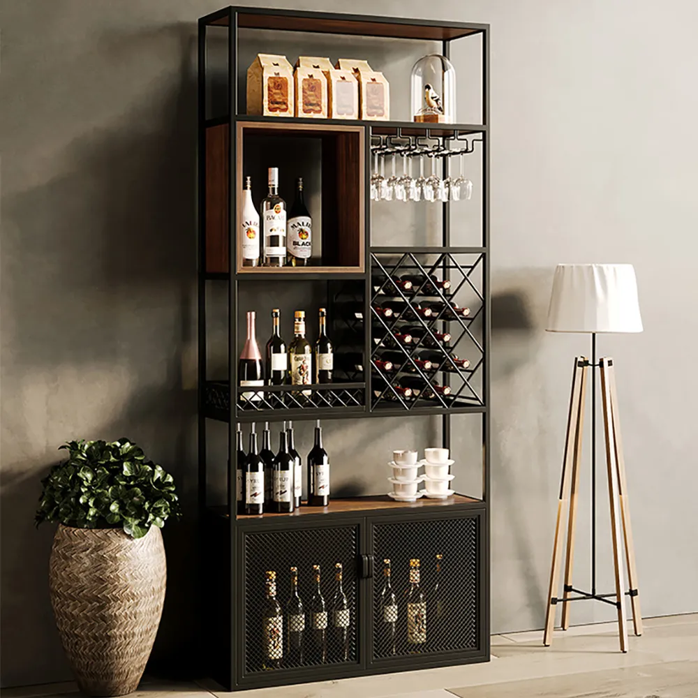 5-Tier Bar Wine Rack Cabinet with Glass Holder - Black, Wood