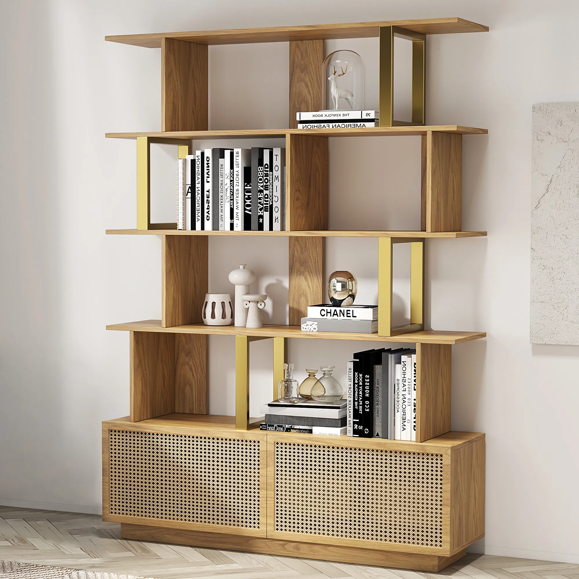 5-Tier Bookshelf with 2 Doors - Natural Wood, Gold