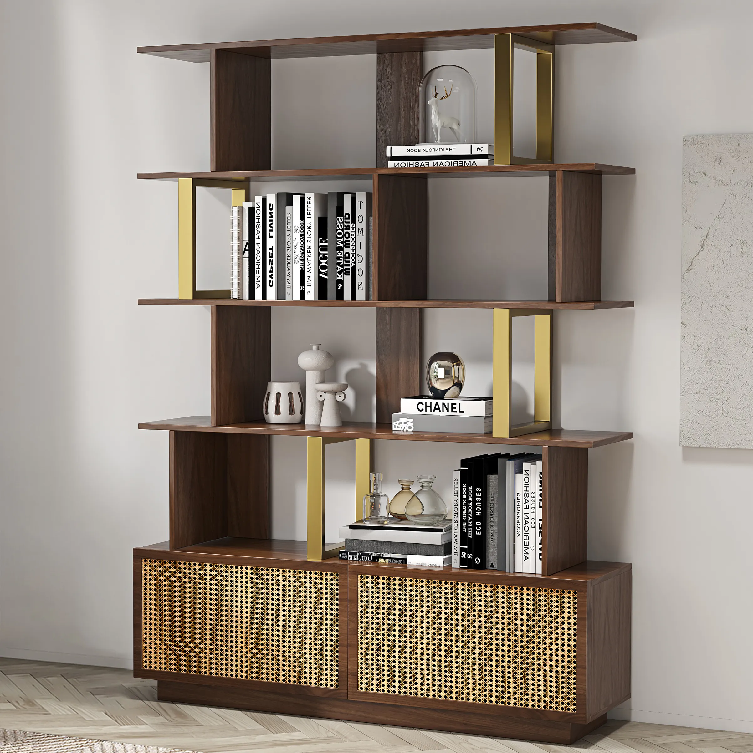 5-Tier Bookshelf with 2 Drawers - Walnut, Gold