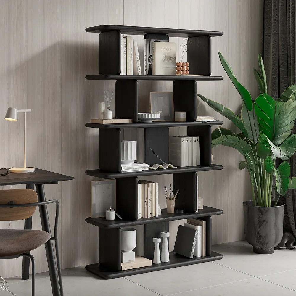 5-Tier Etagere Bookshelf - Black, Pine Wood
