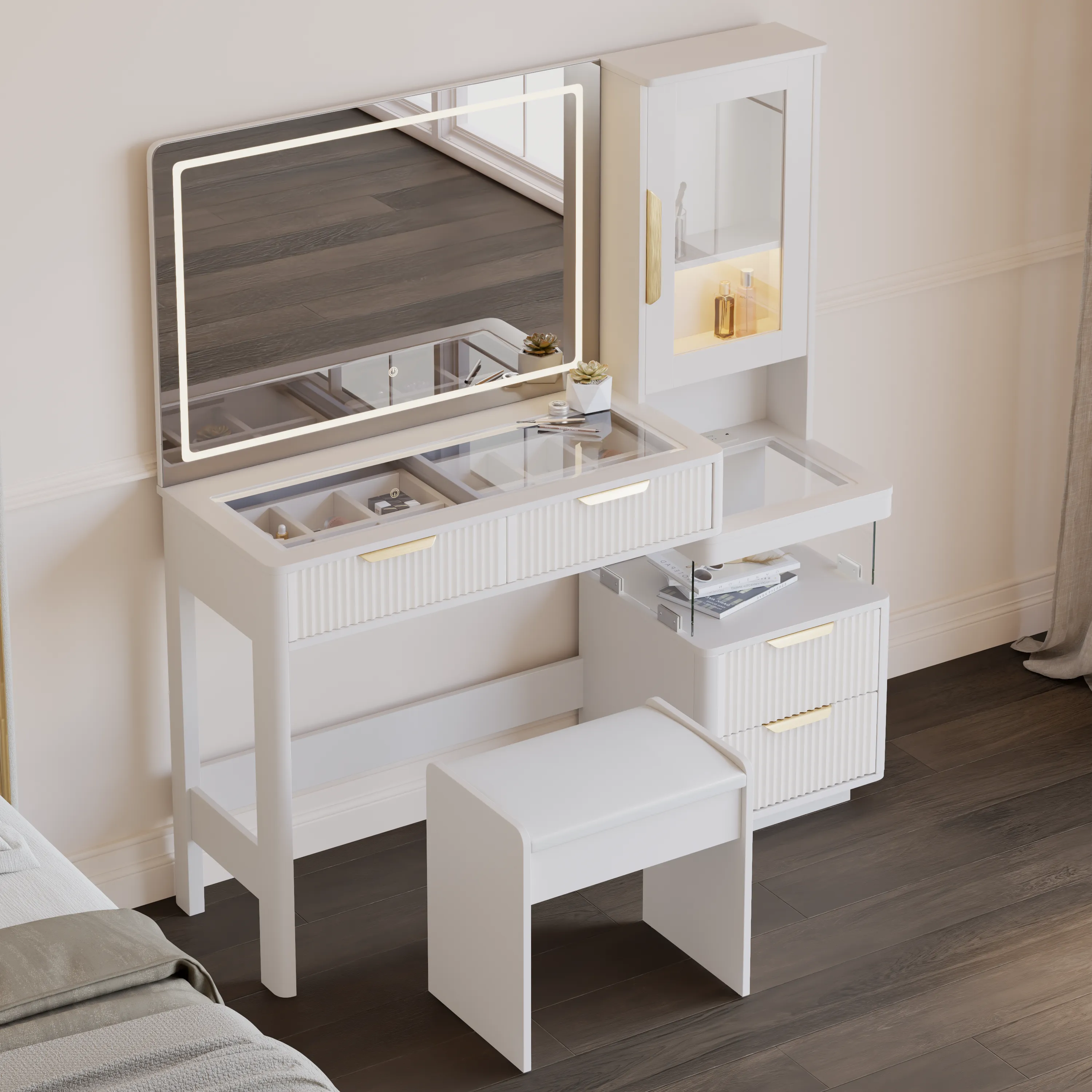 50" Fluted Makeup Vanity Set with Charger & LED Mirror image