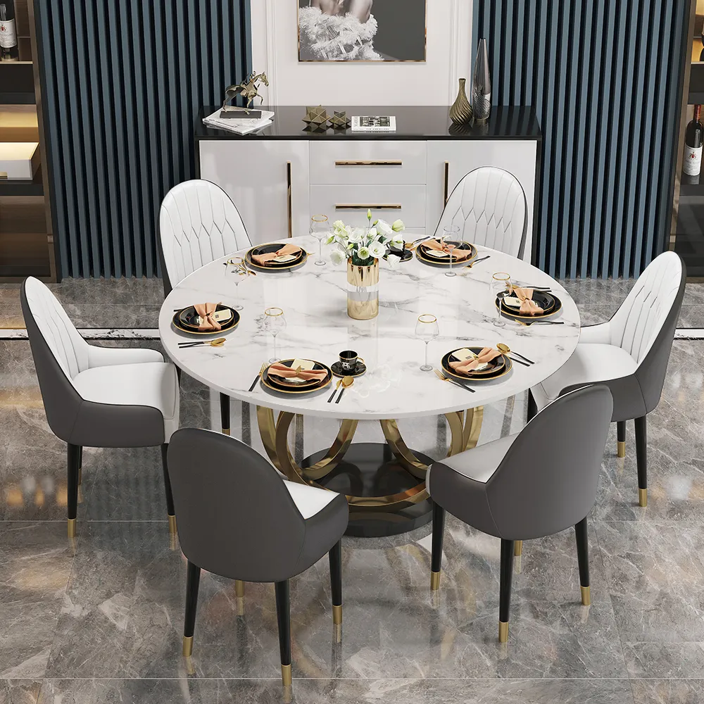 53" Round Dining Table Set with 6 Chairs - White & Gray, Marble