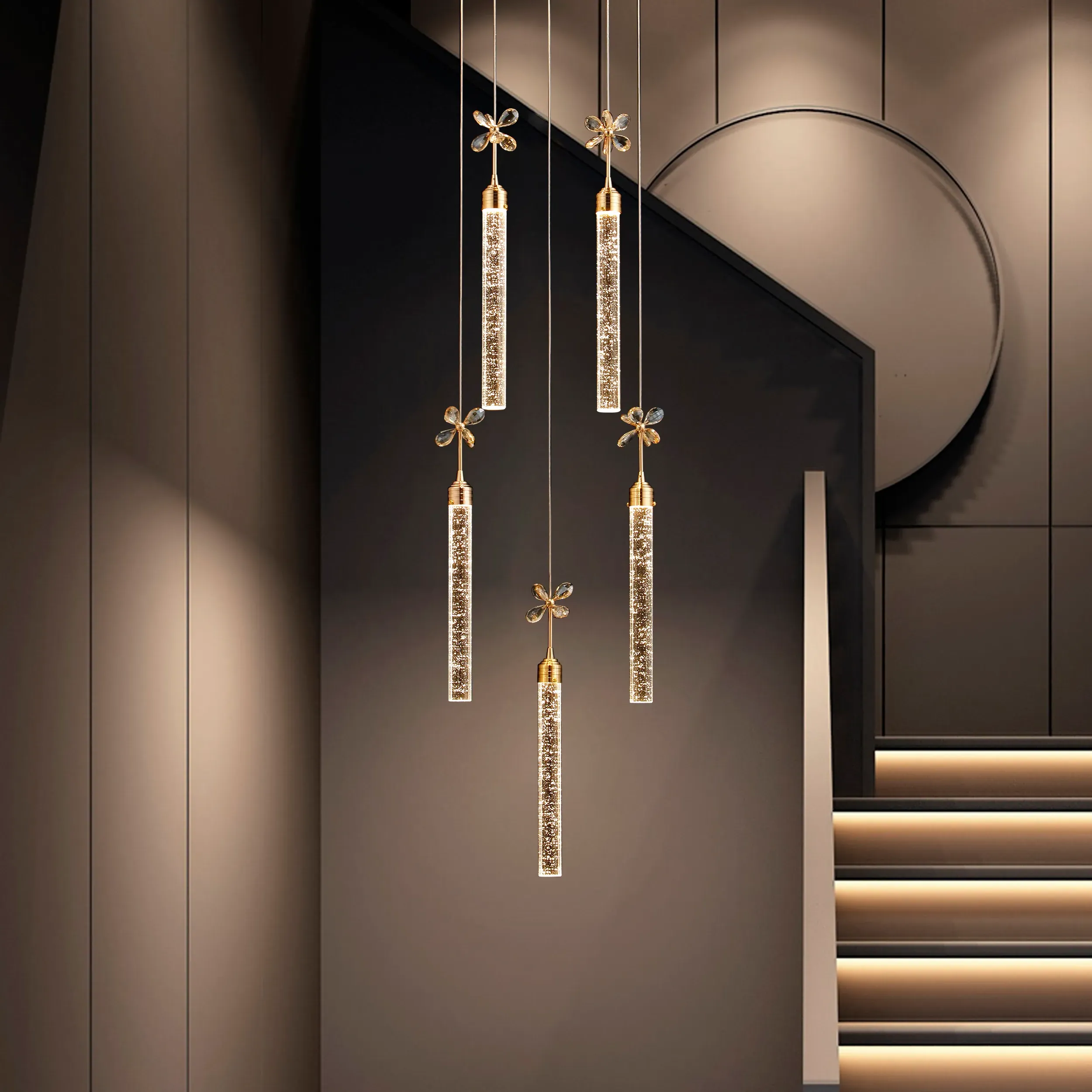 59" LED Chandelier with Bubble Acrylic Shades - Gold image