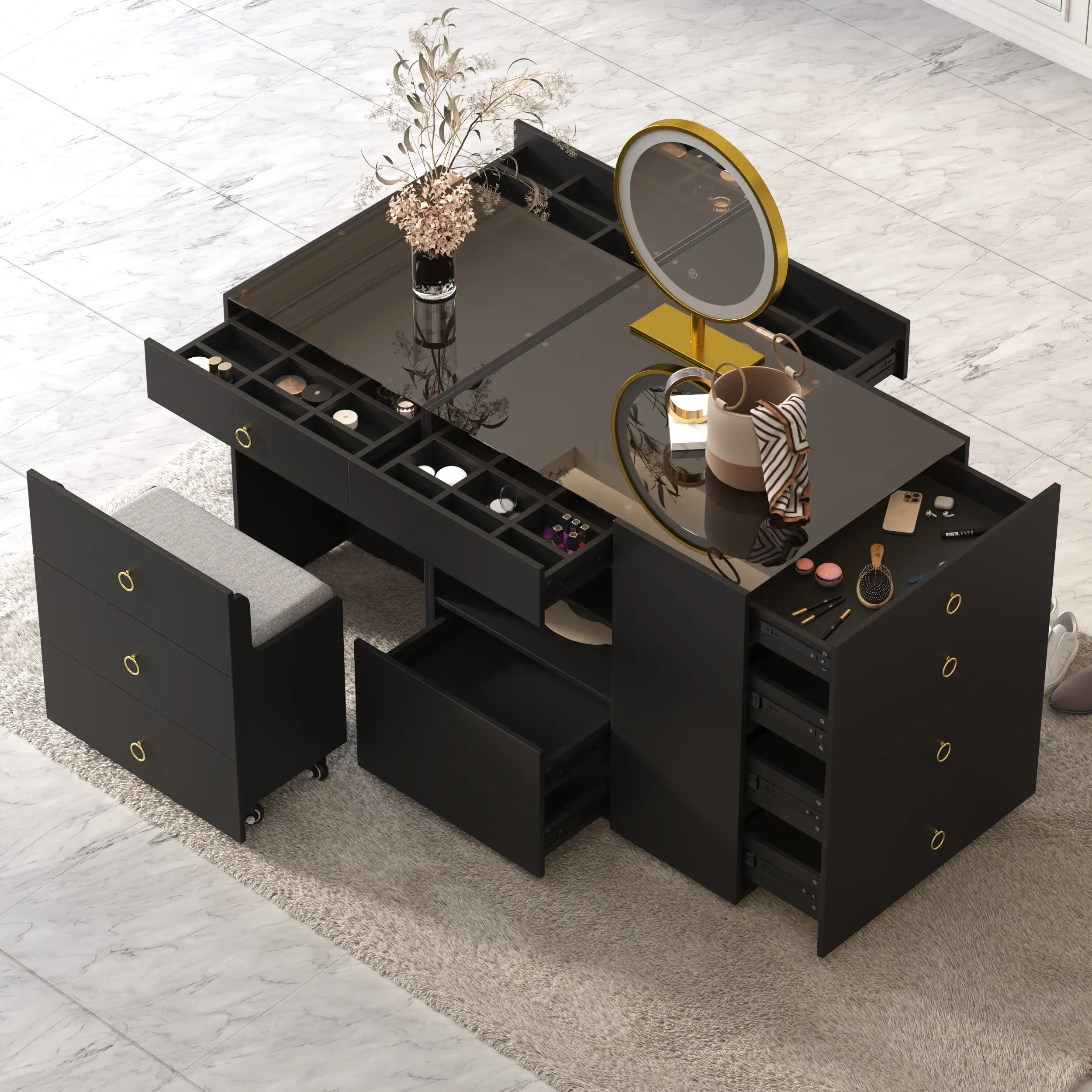 59" Vanity Dresser with Storage & Stool - Glass Top