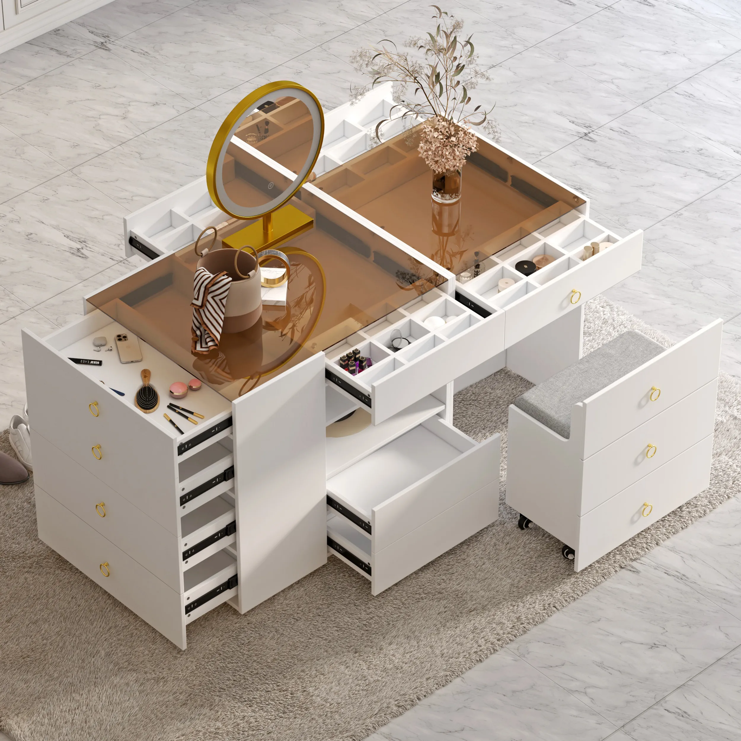 59" Vanity Dresser with Storage & Stool - Glass Top