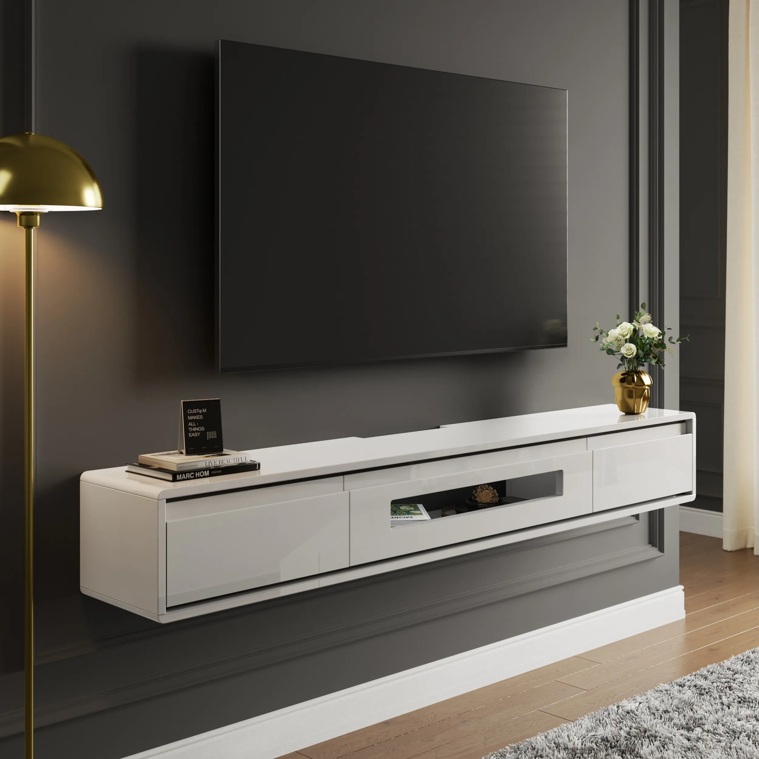 59.1" Floating TV Stand with Storage - White