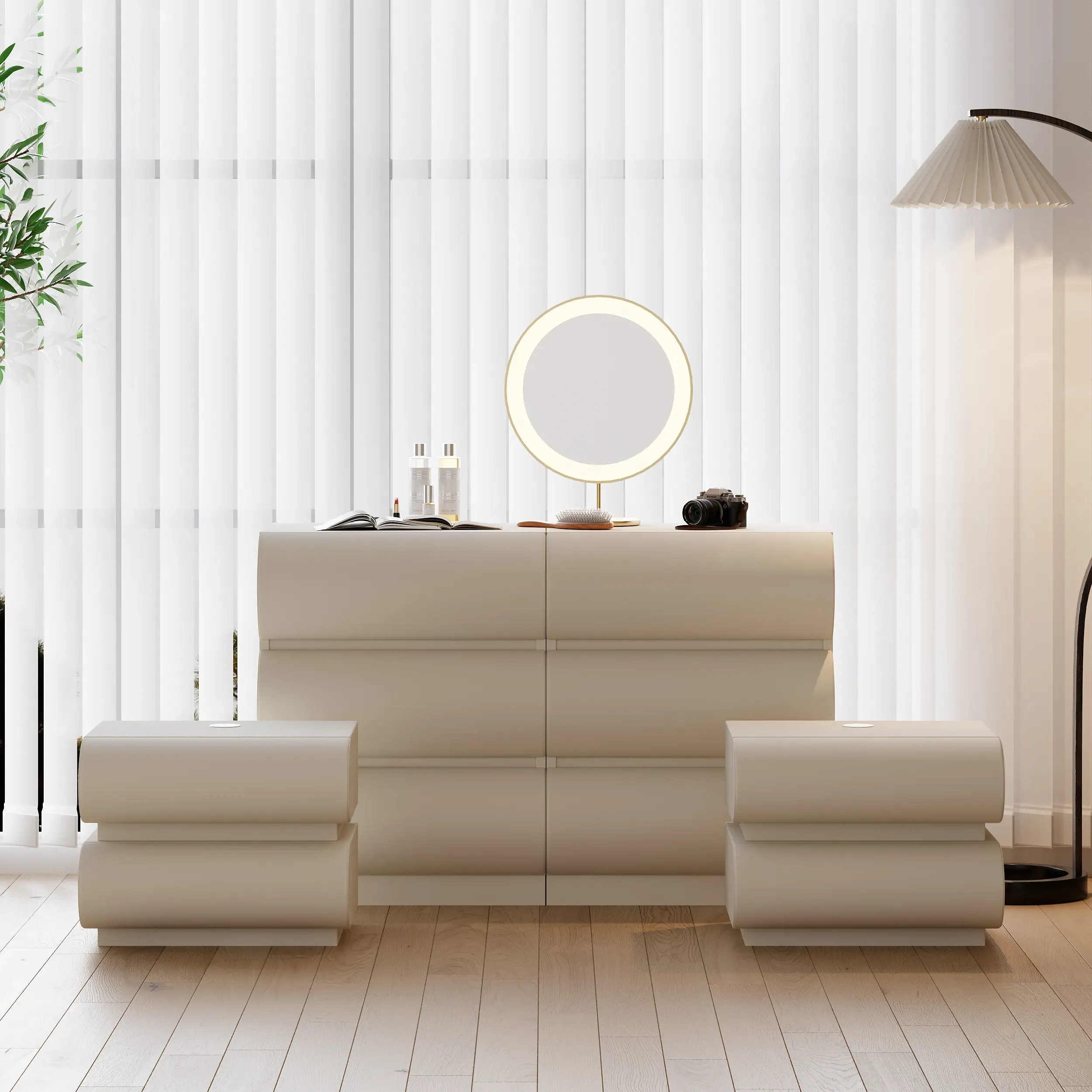 6-Drawer Dresser & Smart Nightstands Set - White, Leather