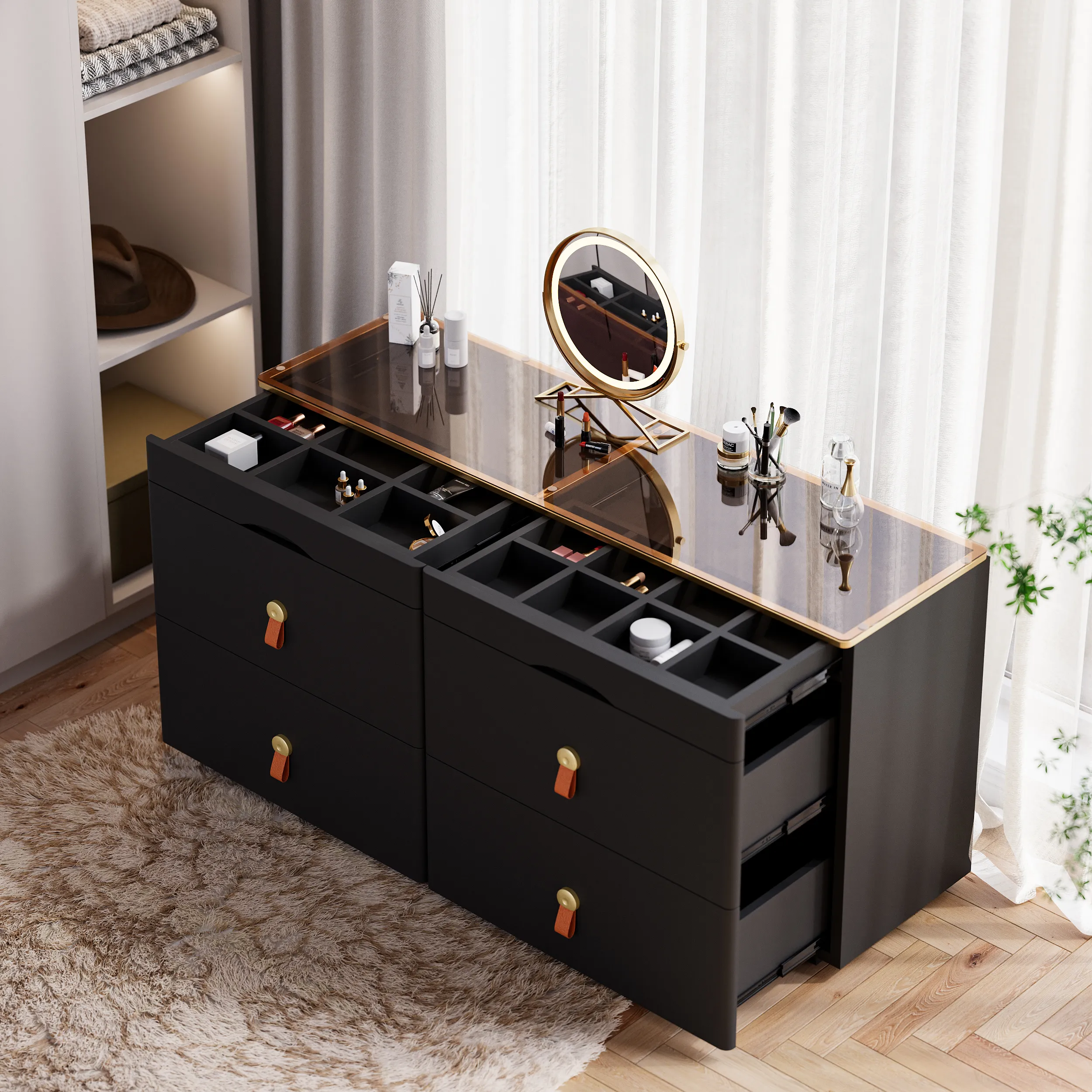6 Drawer Dresser with Jewelry Storage - Black, Glass