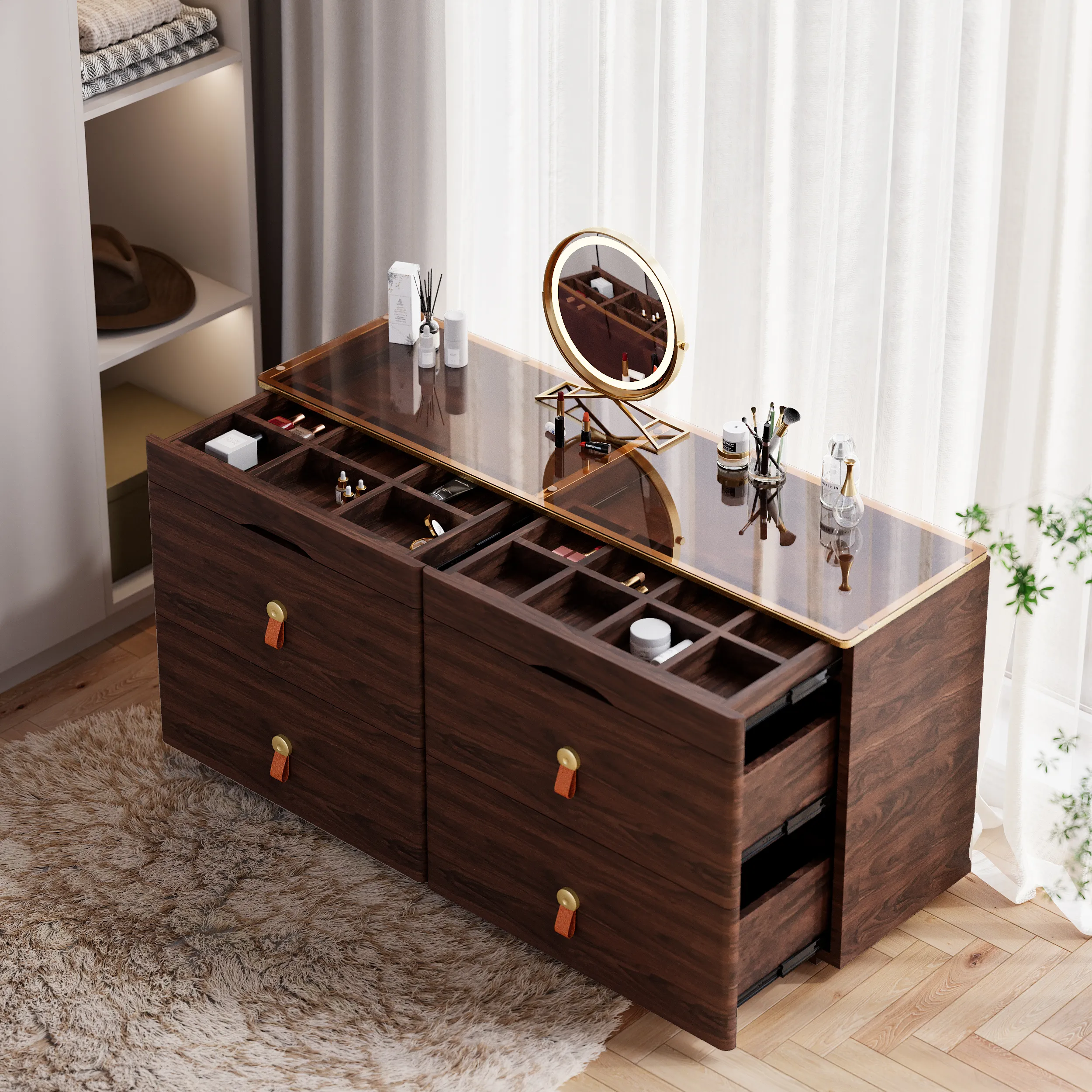 6 Drawer Dresser with Jewelry Storage - Walnut, Glass