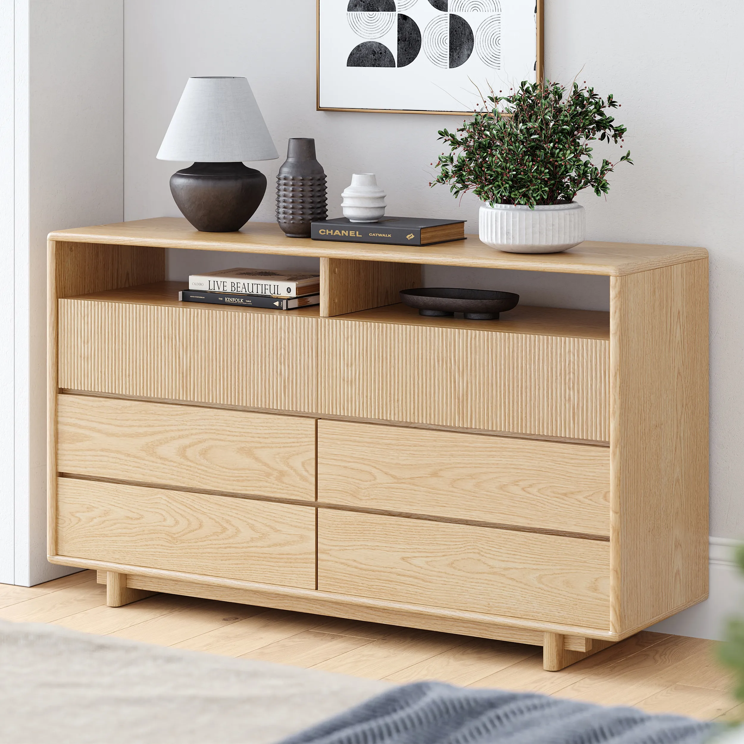 6-Drawer Wood Dresser with Shelves image
