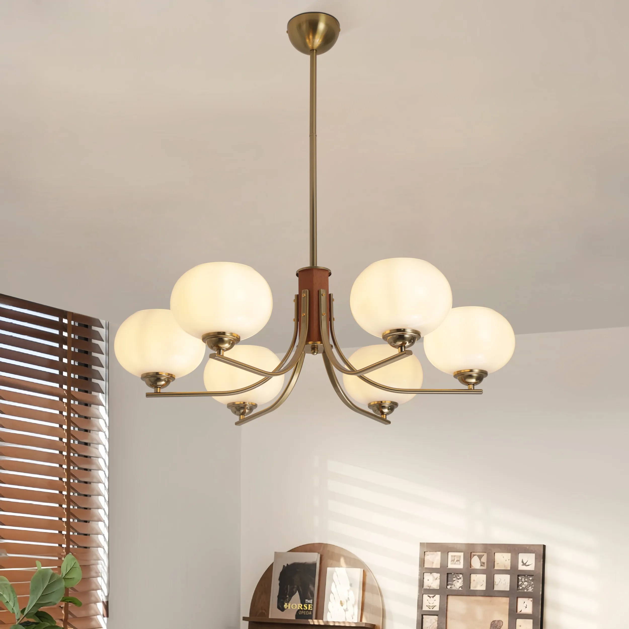 6-Light Bowl Shade Chandelier - Gold, Wood