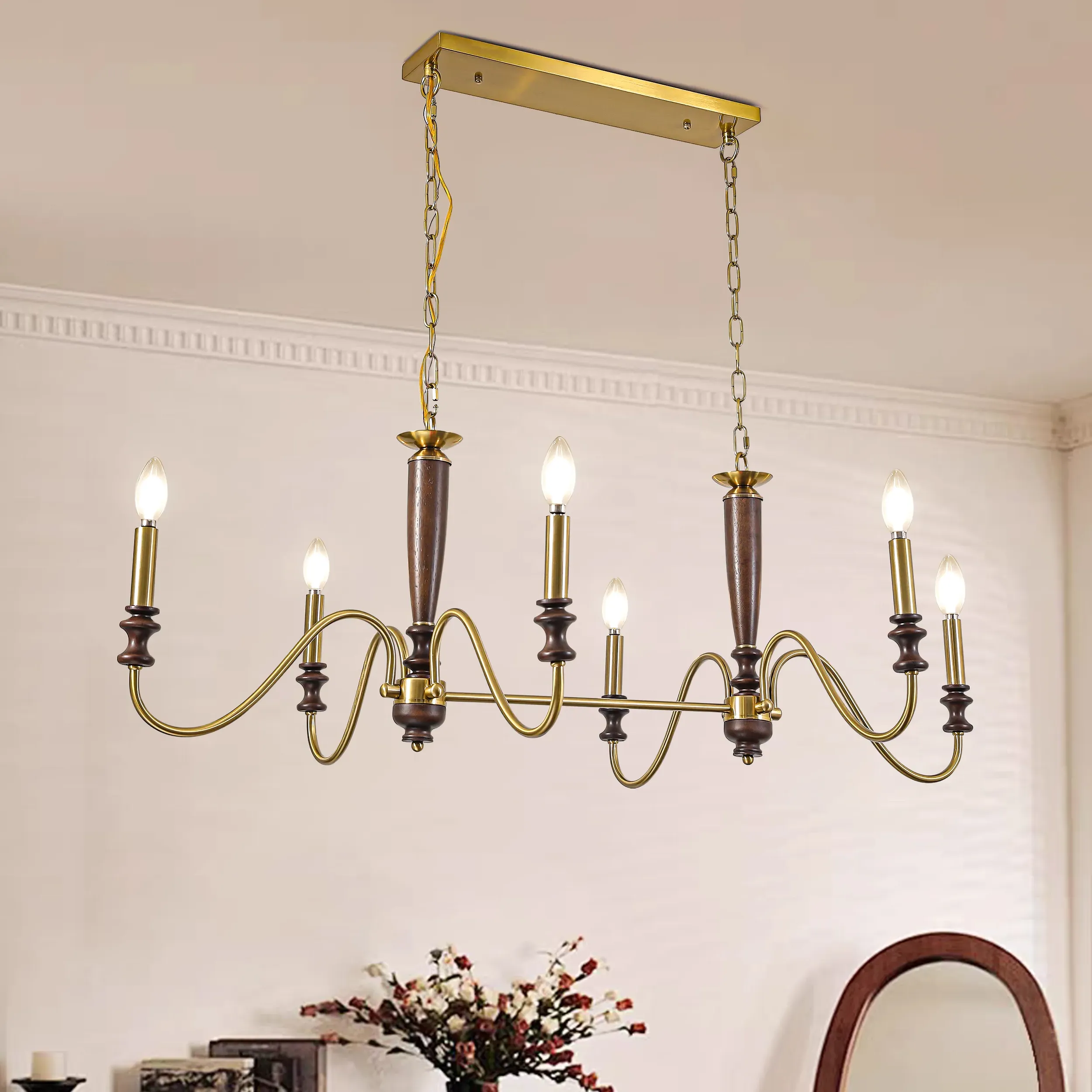 6-Light Kitchen Island Chandelier 46 Inch - Walnut, Gold