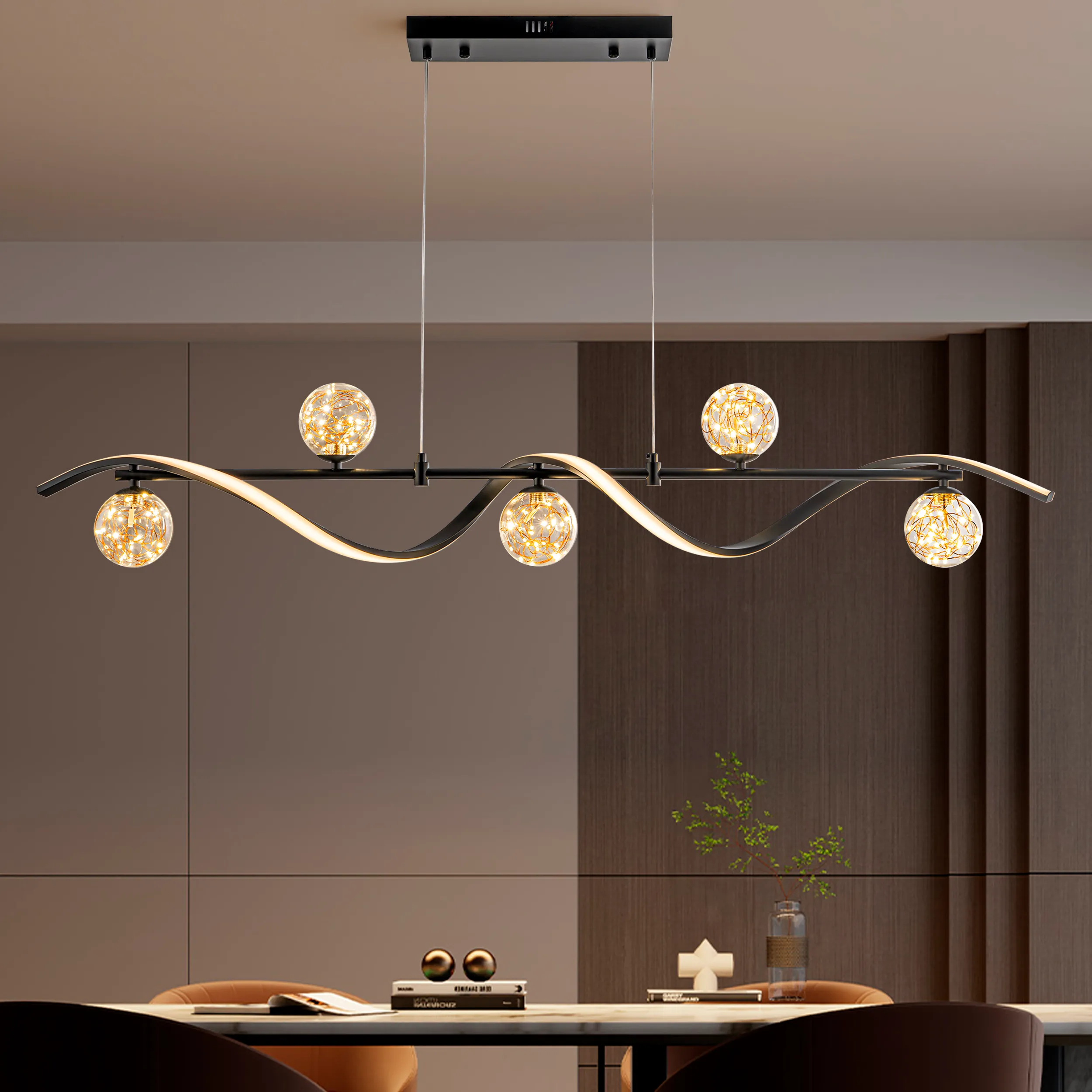 6-Light Kitchen Island Light LED Linear Pendant - Black