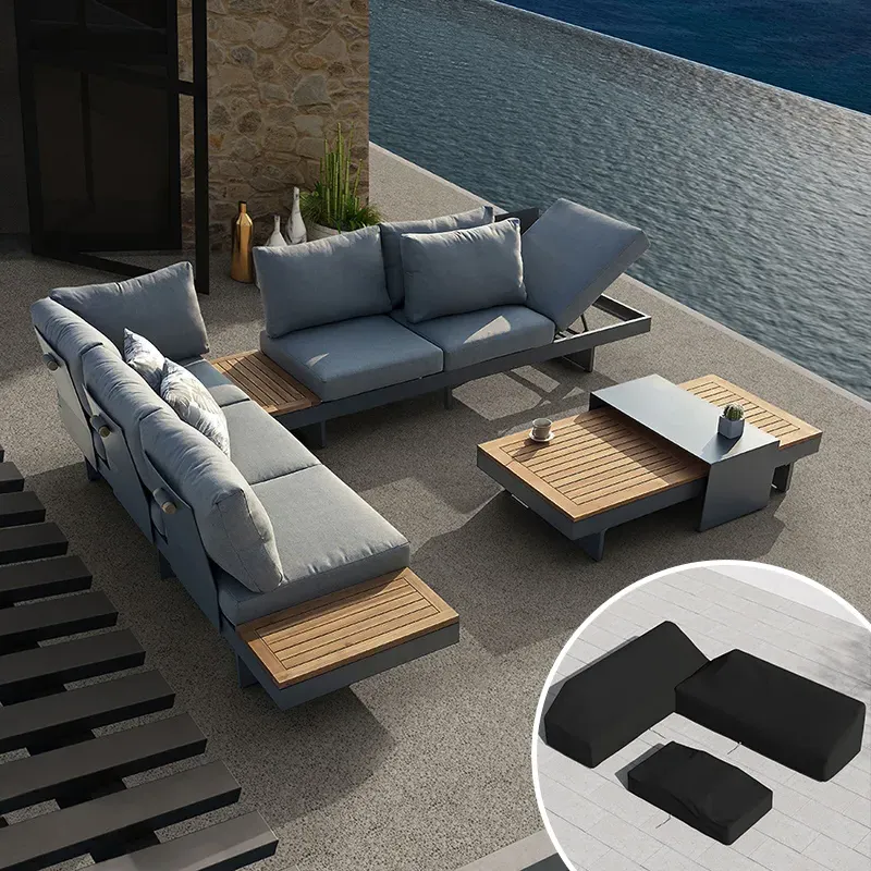 6-Person L-Shaped Sectional Sofa Set with Covers - Grey, Teak