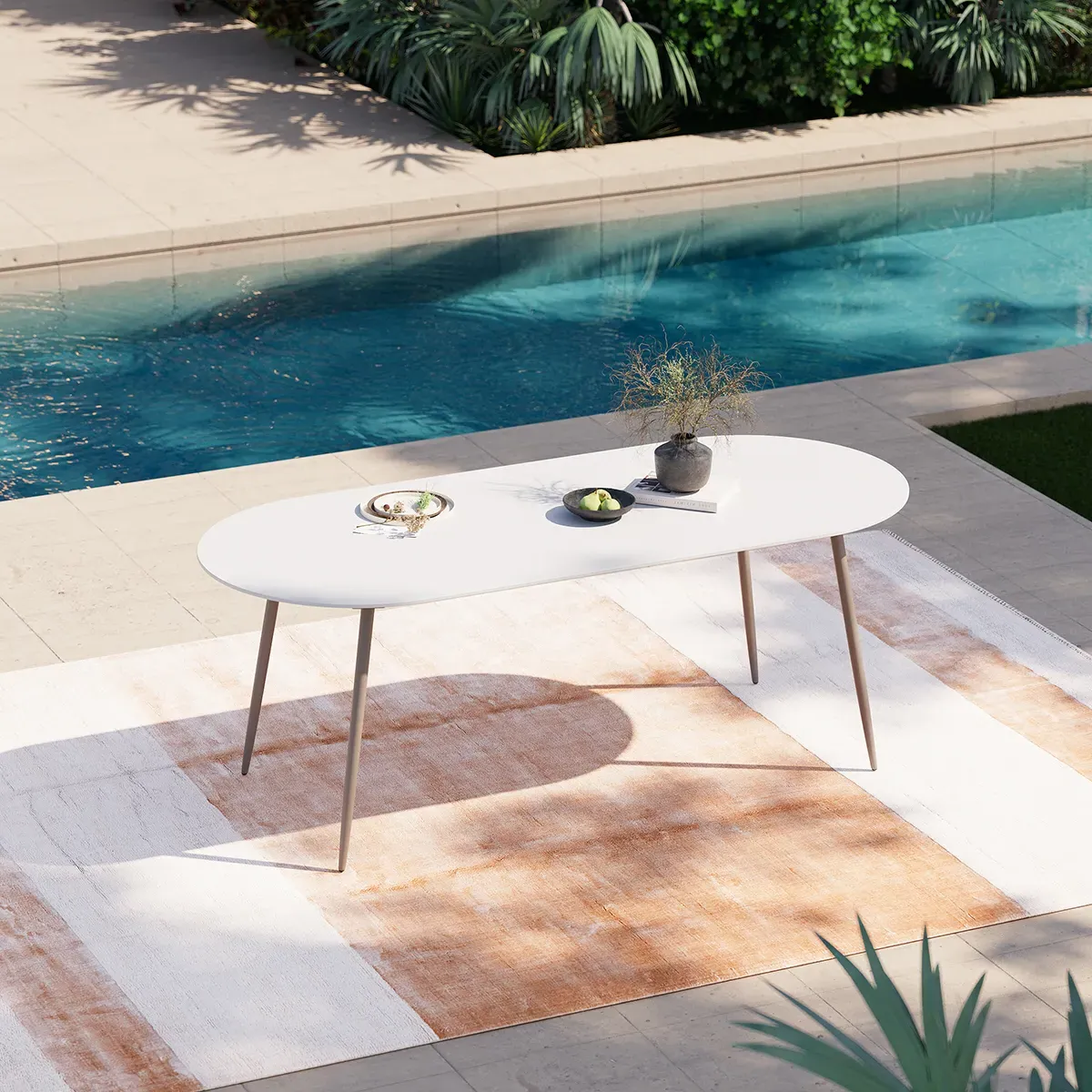 6-Person Oval Outdoor Dining Table - White, Sintered Stone image
