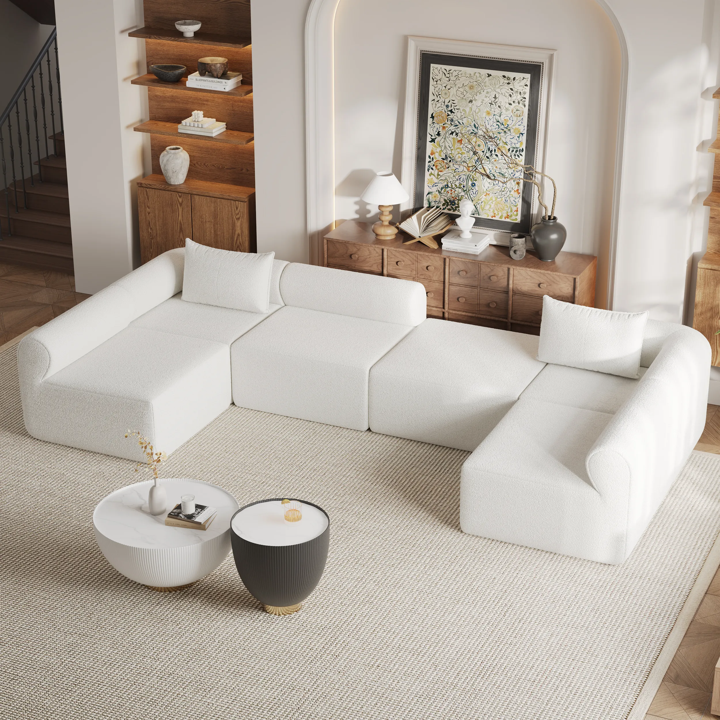 6-Piece Boucle Modular Chaise Sectional Sofa - White