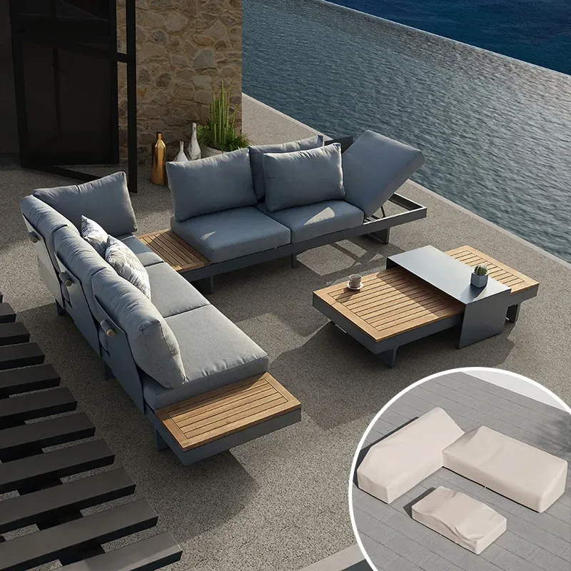 6-Piece L-Shaped Outdoor Sectional Sofa Set with Covers - Dark Grey