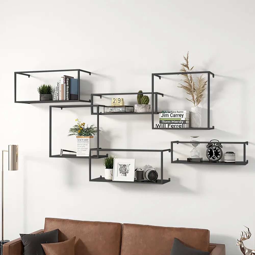 6 Piece Wall Mounted Floating Shelves - Black, Metal