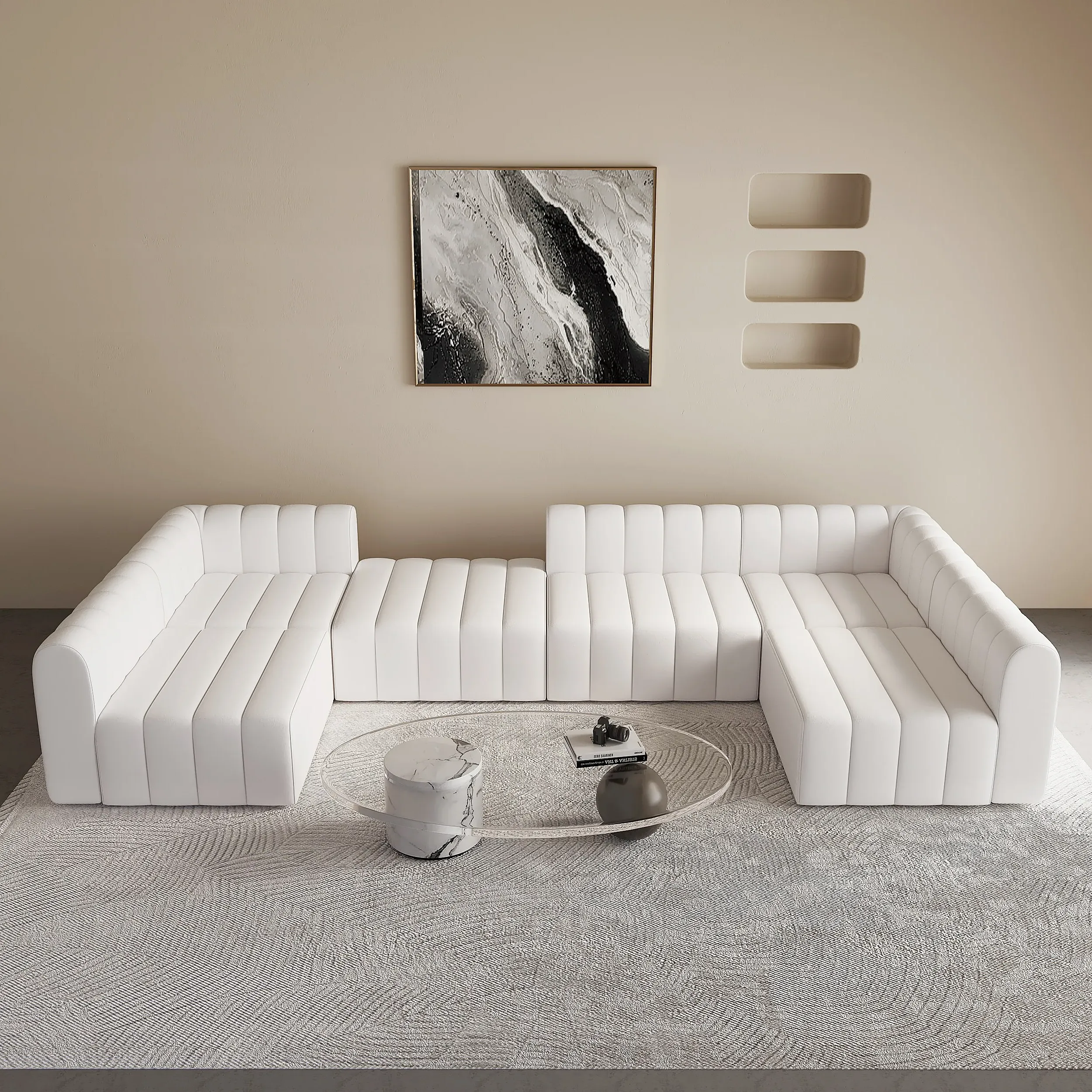 6-Seater Modular Pit Sectional Sofa Set Convertible - White