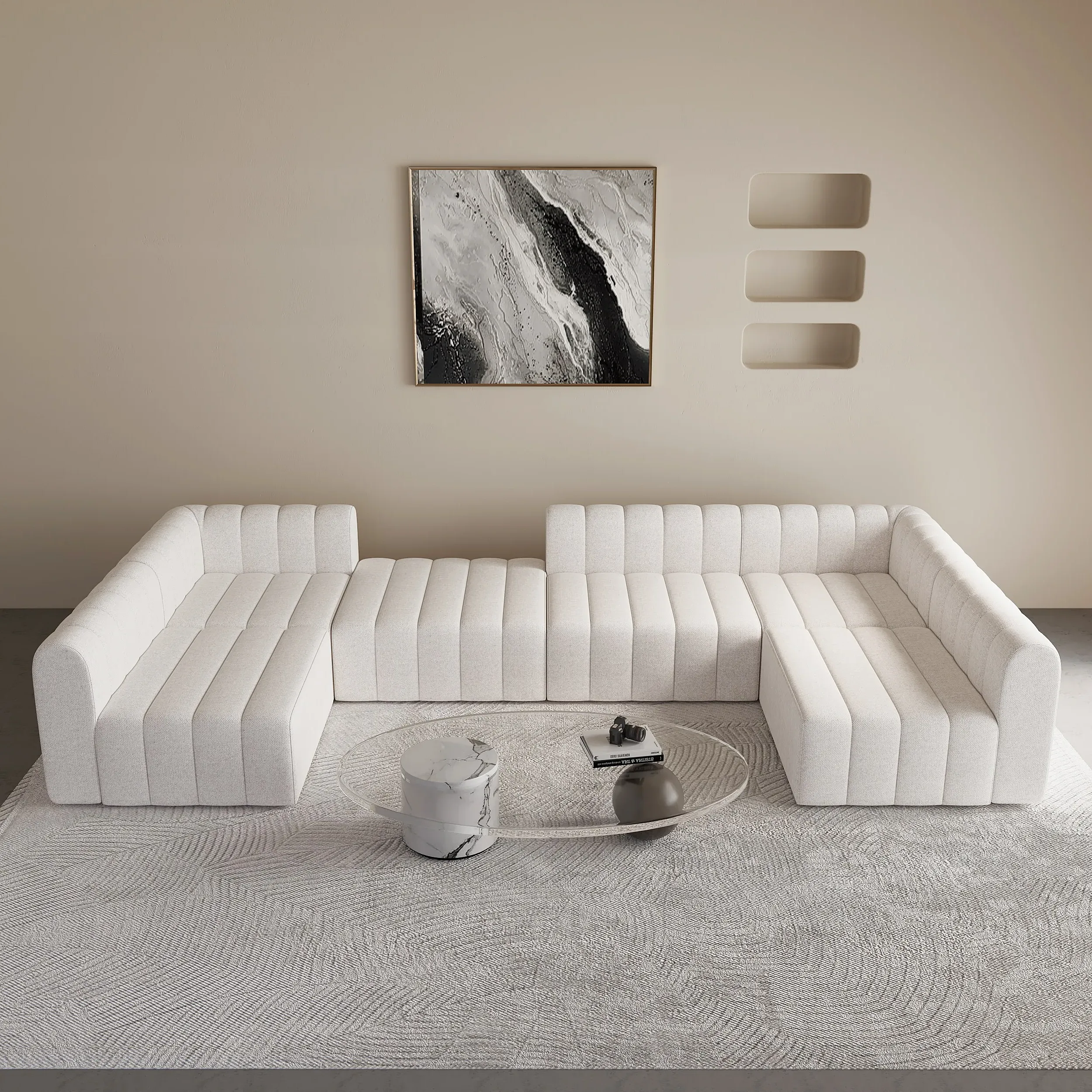 6-Seater Modular Pit Sectional Sofa Set Convertible - White