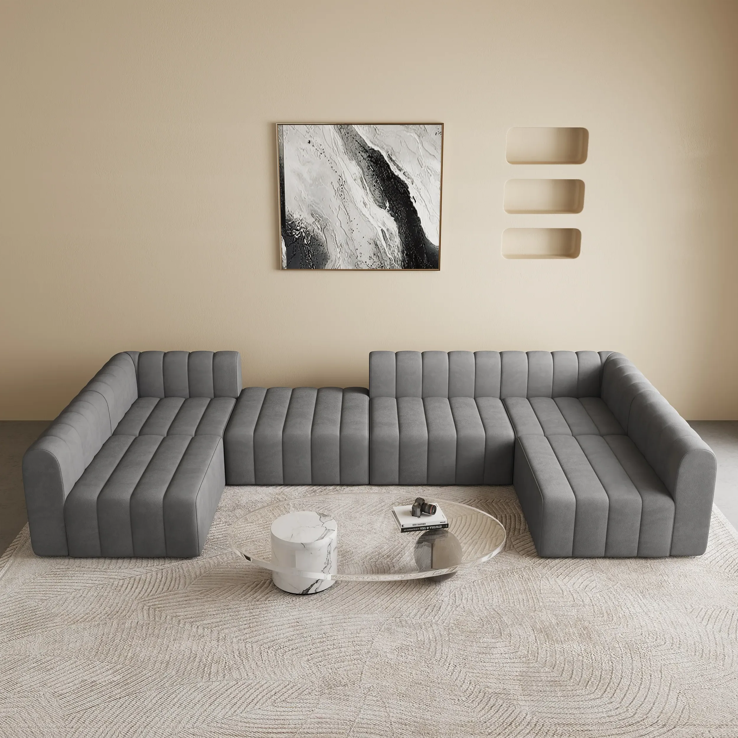 6-Seater Modular Pit Sectional Sofa Set - Gray, Velvet
