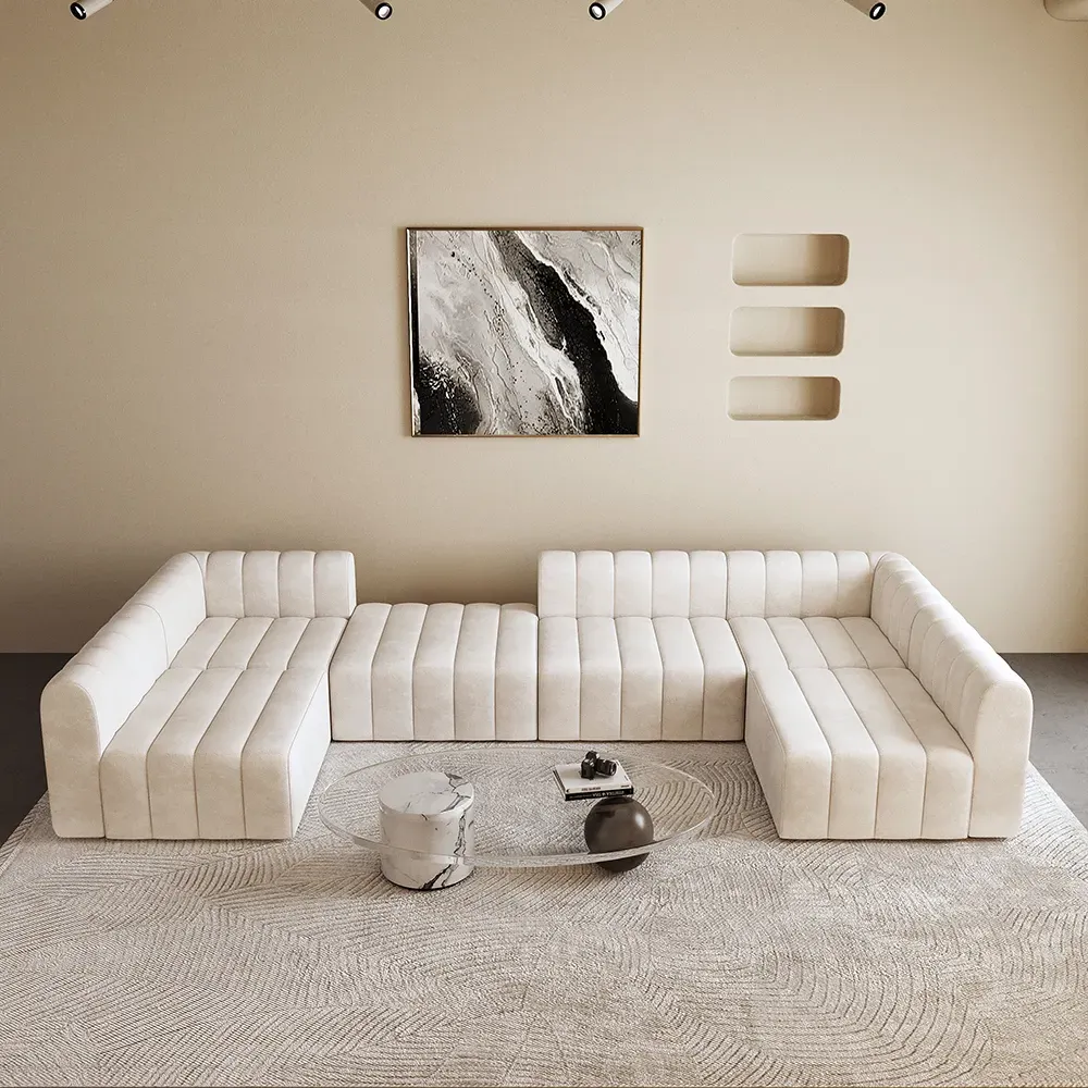 6-Seater Modular Pit Sectional Sofa Set - Off White, Velvet