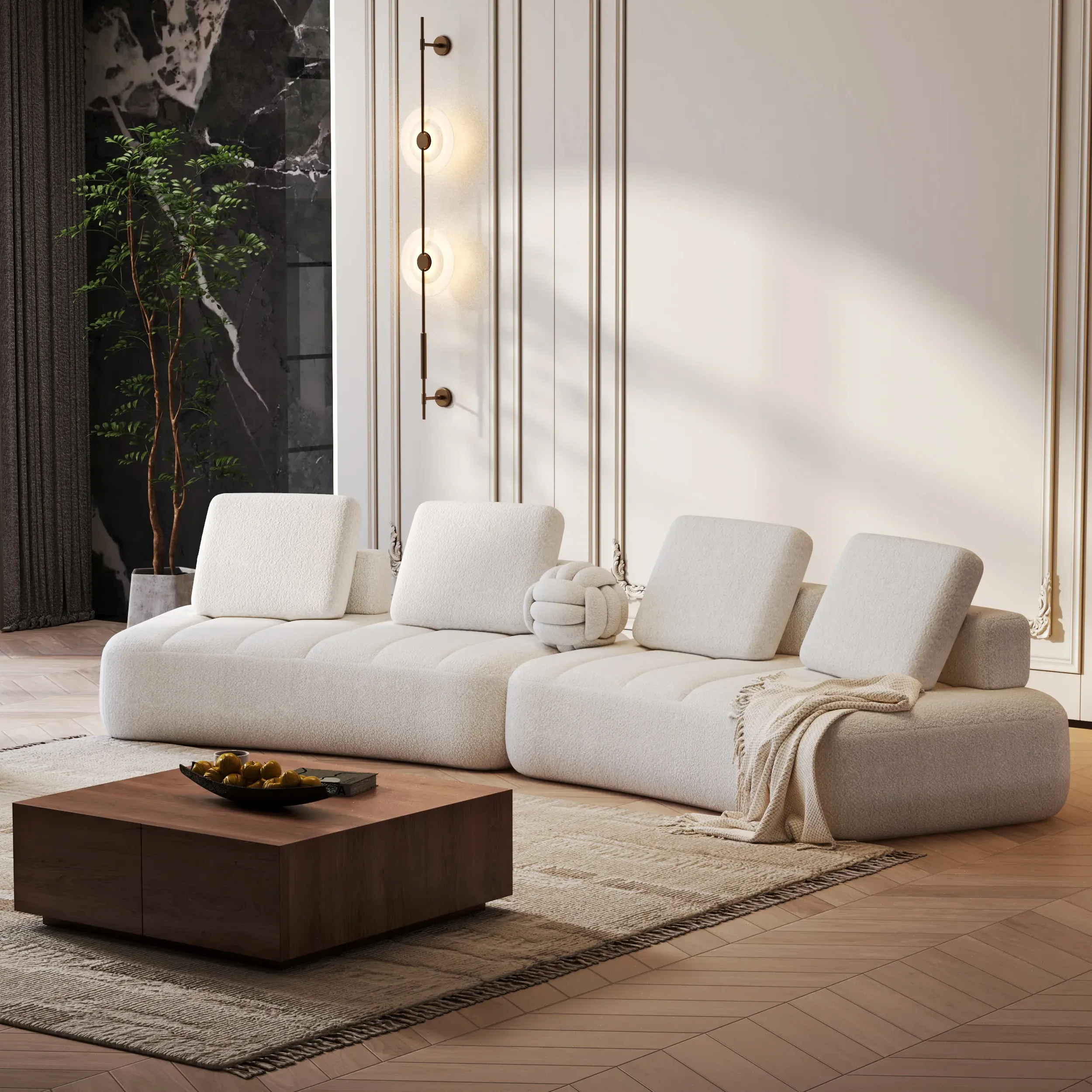 6-Seater Modular Sectional Sofa with Adjustable Backrest - White, Boucle