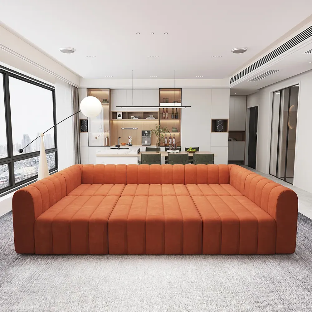 6-Seater Modular Sectional Sofa with Ottoman - Orange, Velvet image