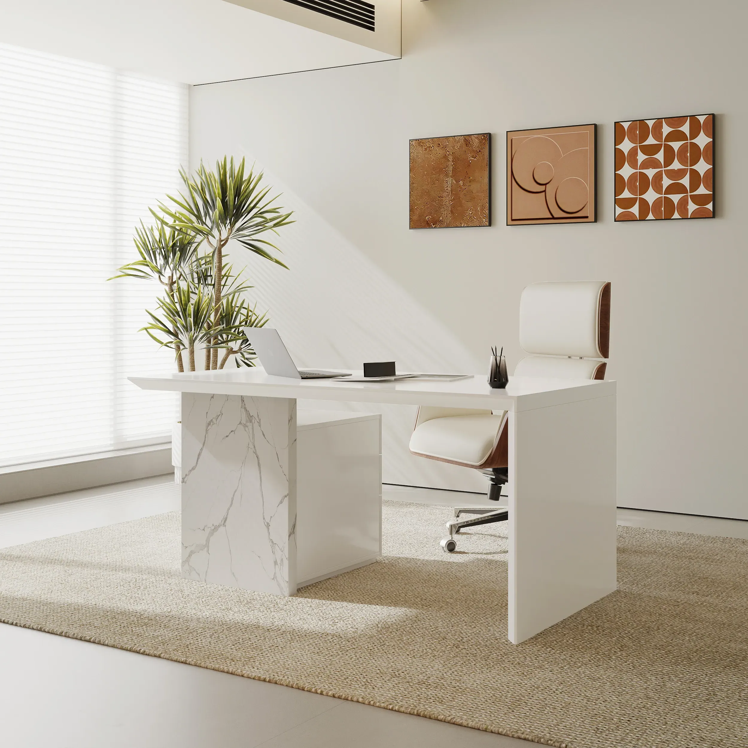 60" MDF Desk & High Back Office Chair Set - Walnut, Marble Veneer image