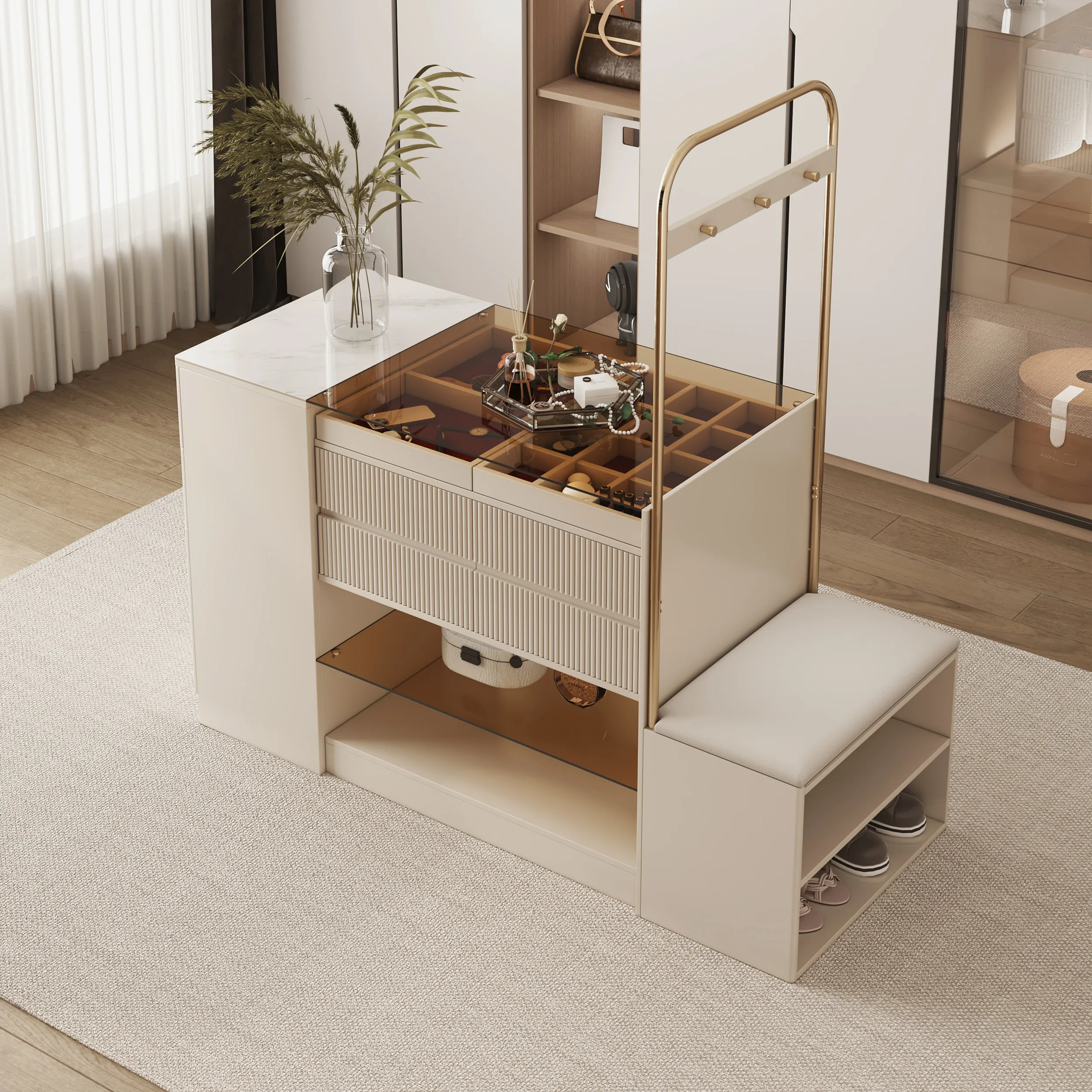 60W Closet Island with Jewelry Storage & Bench - Off White image
