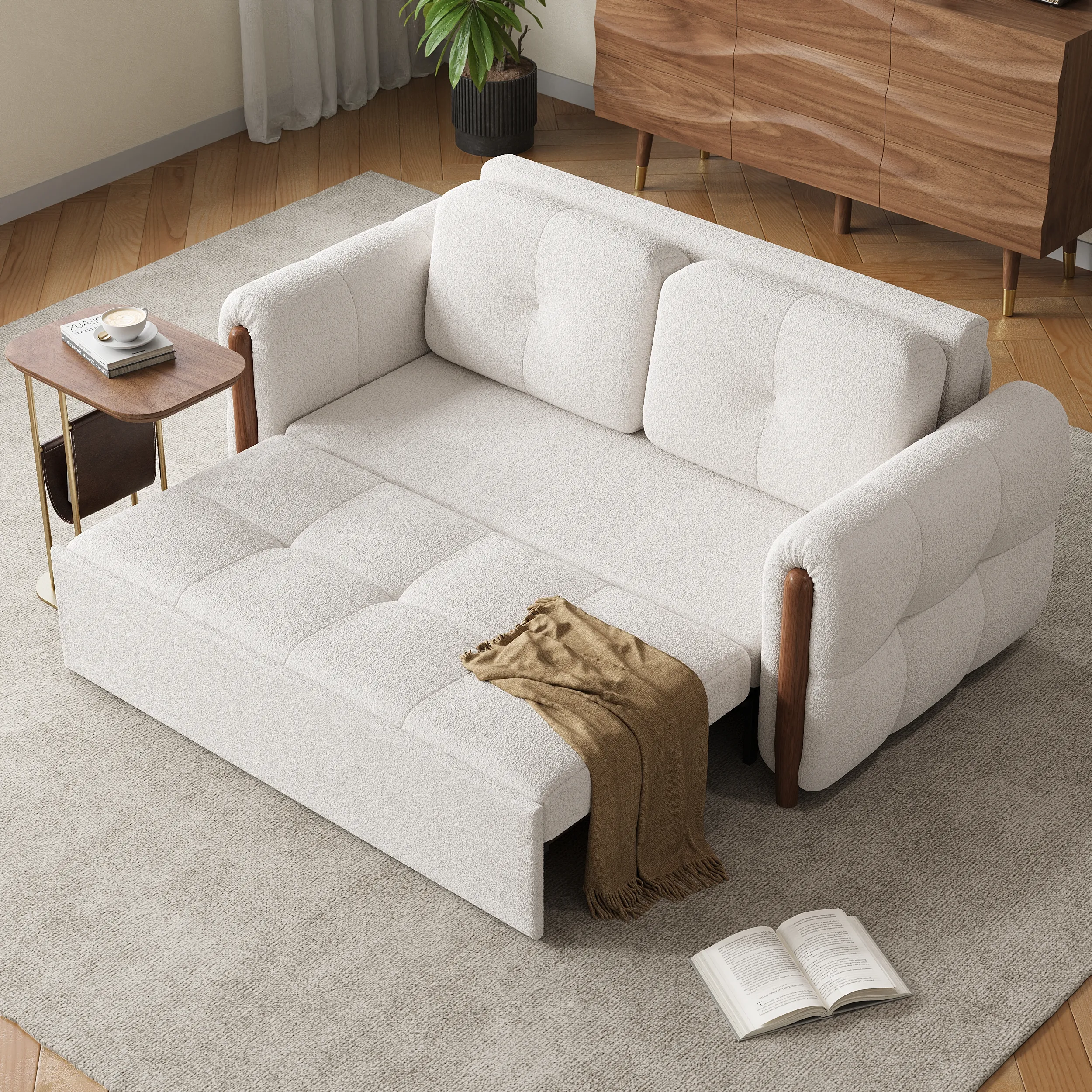 63" 2-Seater Convertible Futon Sofa Bed - Boucle, Ash Wood image