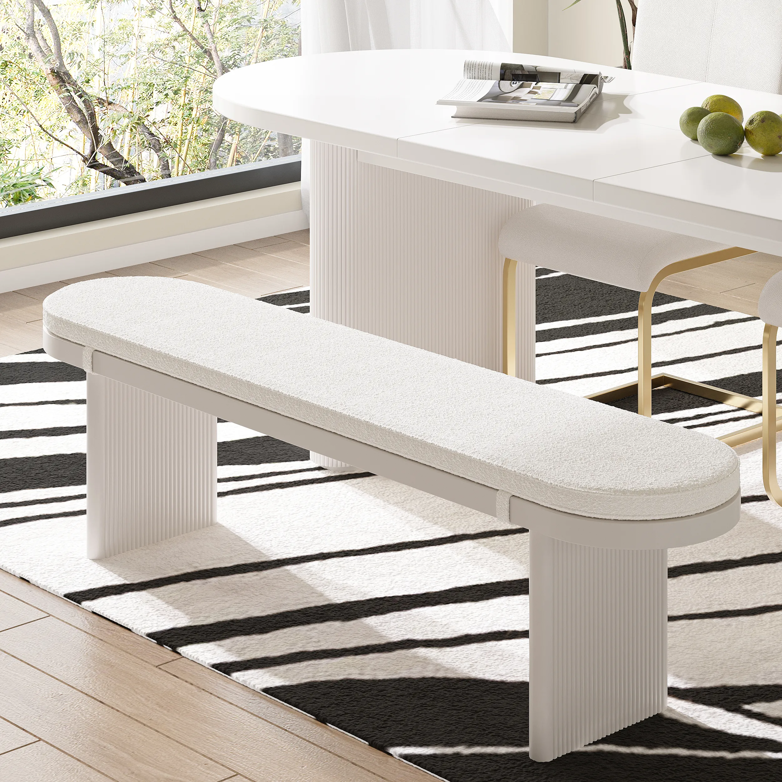 63" Dining Bench with Removable Cushion - White, Boucle