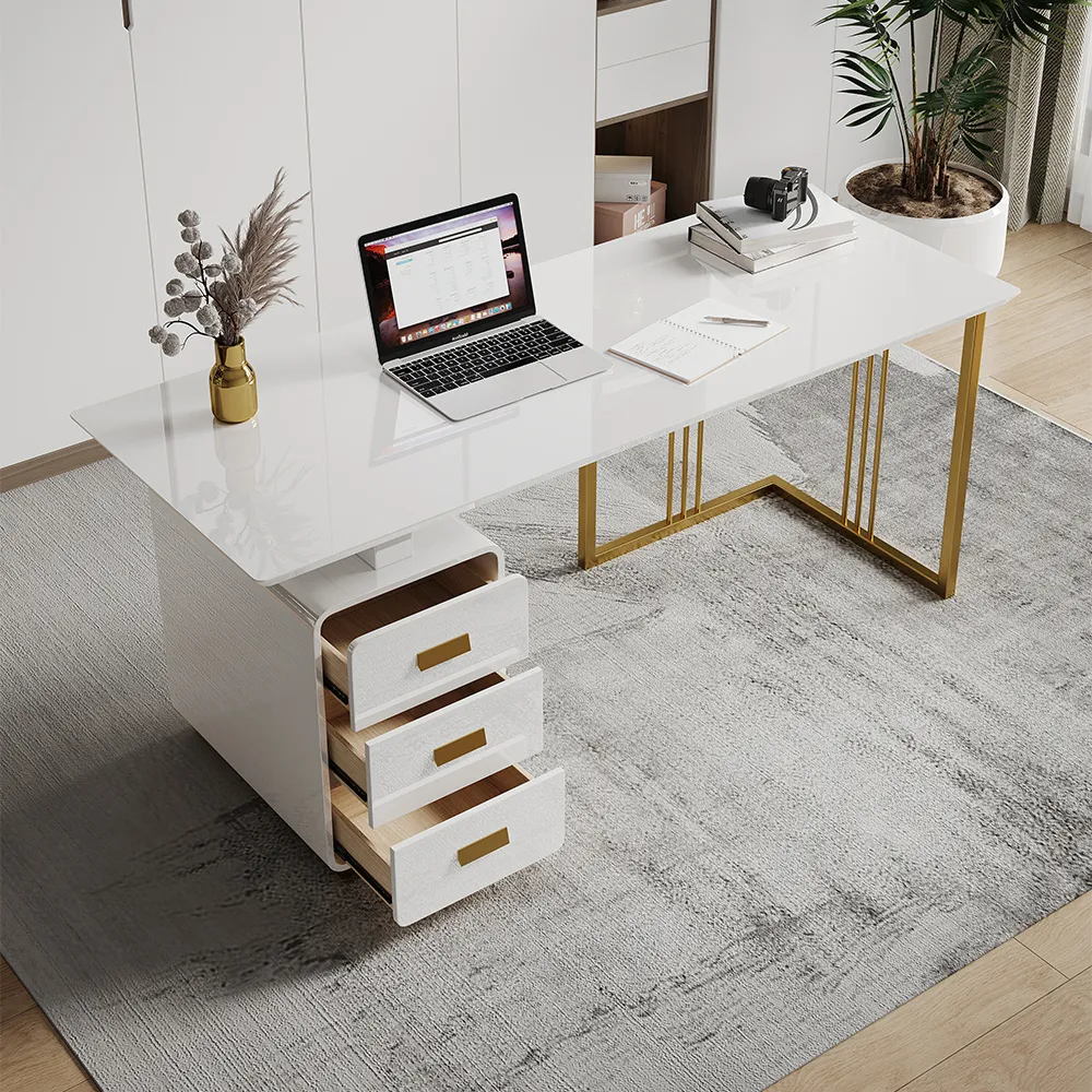 63" Executive Desk with Drawers & Side Cabinet - White, Gold image